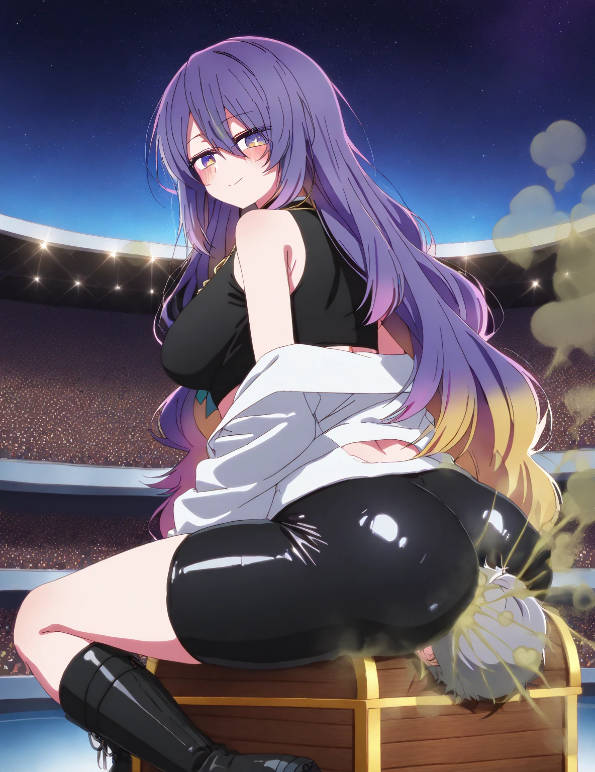 5girl, 1boy, paizuri, penis between the breasts, from side,, Cleopatra's breasts, Cleopatra in modern world, comedy, cleavage, naughty smile, from below, under boob, accessories, wet penis , sweat, fantasy comedy, dark skin, purple hair, large breasts, time traveling Cleopatra join titfuck world championship, game show, testicles