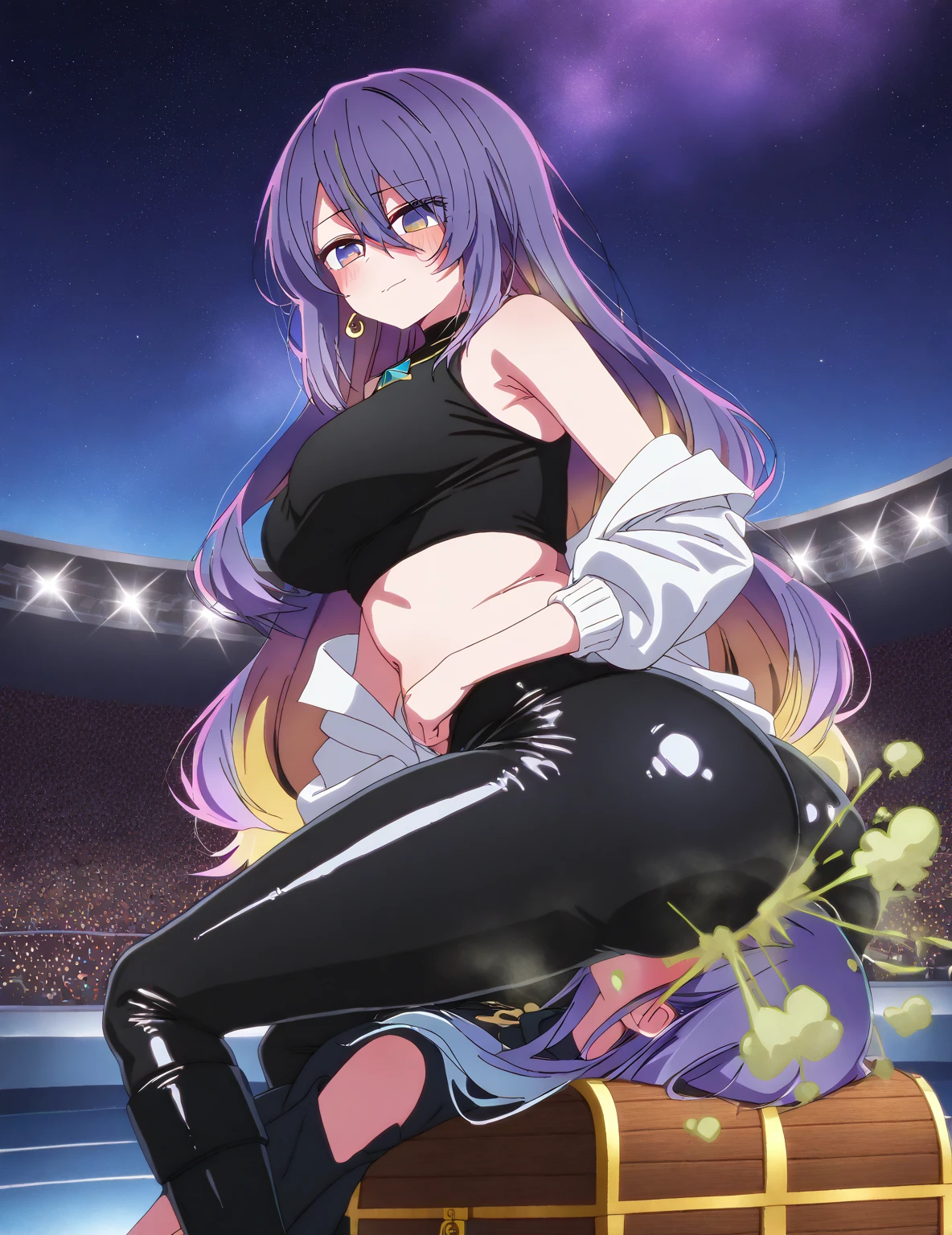 highest quality, Super detailed, Very delicate and beautiful CG, High resolution, beautiful face, table top, NSFW, completely ,between the legs,outdoors, medieval slave market, Showpiece, (detailed crowd:1.2), 2+slave girl, cute, Kusanagi Motoko, fingerless gloves, leotard, strapless leotard, cleavage, black jacket,black pants, Thighhighs, 1 girl,(put your arm behind her:1.2), (restrained arms, fetters, restrictive chest:1.2), best proportions, spread your legs, squat, (embarrassing, blush, Are crying, tears:1.2), whine, dynamic pose, dynamic angle, rim lighting, looking at the viewer, from below, side lock, dynamic angle、audience、Peeing、Pee