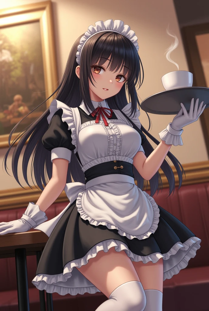1 girl, maid outfit, cafe, look closer,long black hair, red colour eyes, smiling, cute reaction, beautiful, pale skin, perfect body figure, normal breast 1:3, cute , cat ears