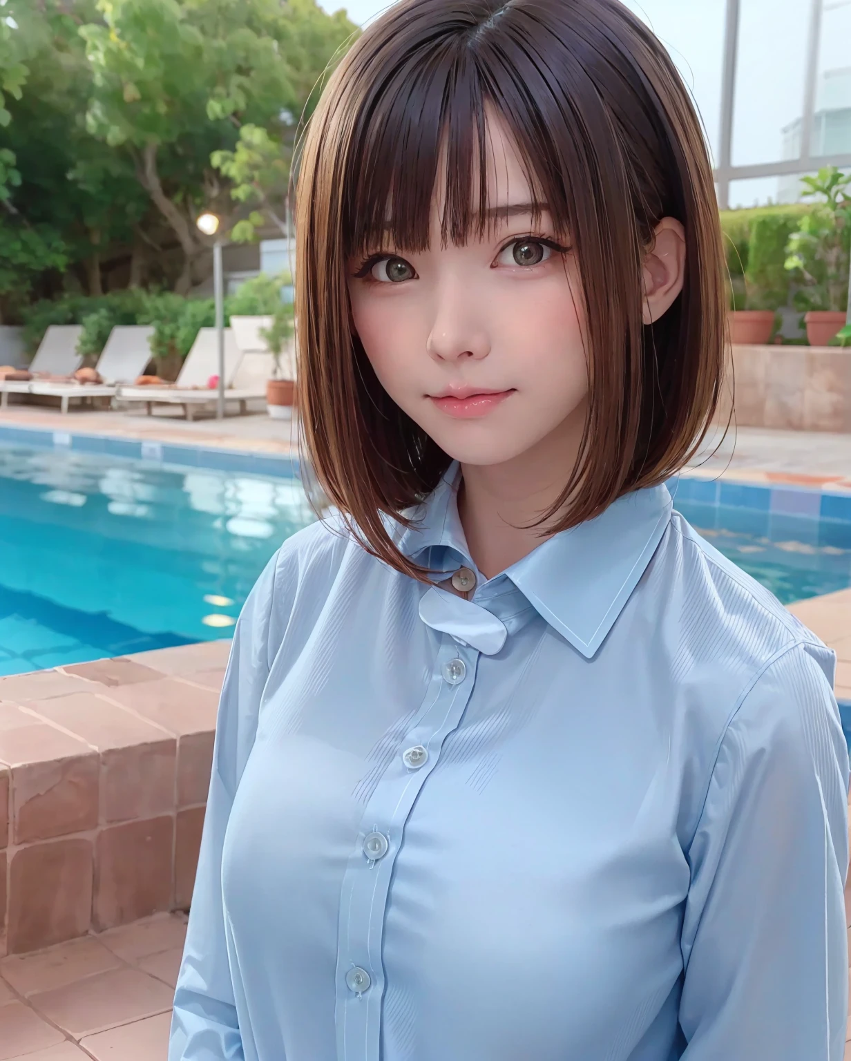 pureerosface_v1, best quality, photorealistic, 8k, high res, full color, 1girl, woman, 20 years old woman, (closed mouth:1.33), (portrait:0.6), trees, daylight, ((poolside background:1.52)), full color, ((buttoned shirt:1.88)), looking at viewer:1.8, (1girl eyes looking at viewer:1.55), (medium hair, brownihair, partedbangs:1.35), (bokeh),