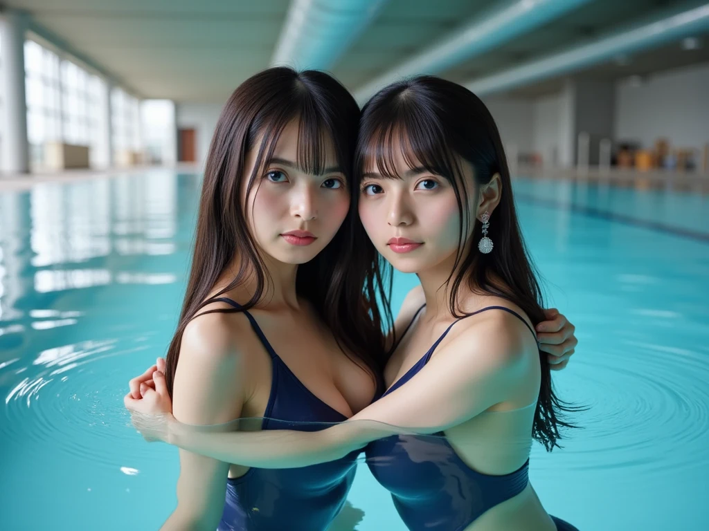 2 japanese girls, 30 years old, very cute, baby face, (red one piece swimsuit), ((school swimwear)), ((realistic nipples)), small breasts:1.5, body shape, look at each other, hugging each other, (kissing), black hair, hair pulled back, eyeball, shy, blush, parted lips, ahegao, endured face, chin grab, medium hair, tareme, pout, face-to-face, excited, (realistic private parts), downy hair, at the pool, tongue, slender, expressionless, Surrealism, depth of field, Canon, UHD, masterpiece, textured skin, super detail, high quality, UHD, 8k