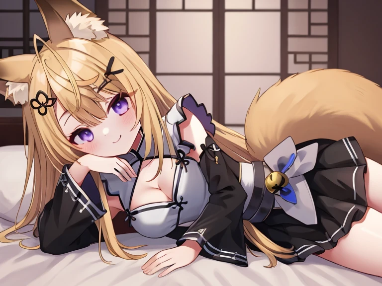 (masterpiece, best quality:1.2), nsfw, girl, 1girl, solo, kokuri, 1girl, solo, purple eyes, ahoge, brown blonde long hair, hair ornament, hair bell, hair ribbon, hairclip, white chinese clothes, cleavage, cleavage cutout, black frilled skirt, detached frilled black sleeves, fox girl, fox ears, gray belt, BREAK
(lap pillow invitation, reaching towards viewer, reaching), sitting, blush, smile,  indoor,   <lora:Kokuri_23:0.8>
