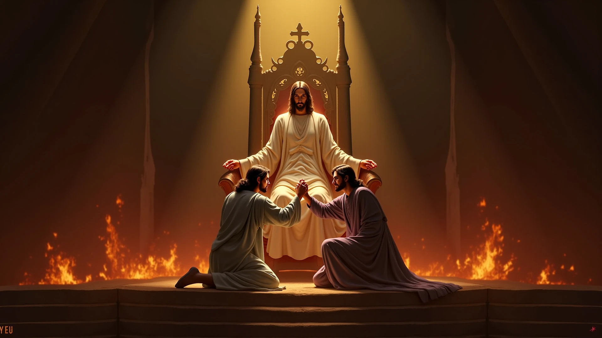 Jesus with the crown and sward with anger looks stands behind the man who prays