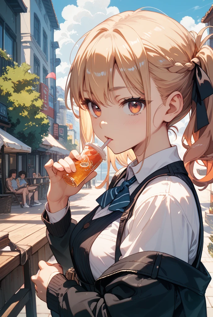 This illustration depicts a cute girl drinking beer at an izakaya. She holds a glass of beer in her hand and her eyes sparkle. The inside of the store is a traditional Japanese izakaya, with tatami mat floors and signs hanging on the walls. However, the most noteworthy thing is the "last mysterious high-energy body" she emits. This energy body is released from her body and has the power to obliterate the garbage in the store. The pale light reaches every corner of the room. A girl with a satisfied expression is sitting from the window. It's evening, dressed after work.
