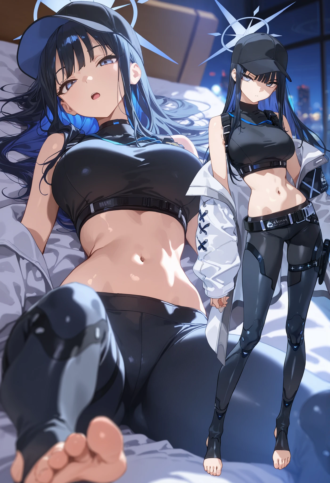 masterpiece, ((multiple views)), bedroom,
saori (blue archive), blue archive, 1girl, blue eyes, long hair, blue hair, black hair, colored inner hair, large breasts, navel, baseball cap, black headwear, halo,((stirrup legwear)), thighhighs, , toes, big breasts, black shirt, sleeveless shirt, black headwear, halo, bare shoulders, stomach, crop top, midriff, tight pants, choker, narrowed eyes, expressionless, open mouth, :o, 
BREAK, first view in front of second view, standing, smile, pose, (open eyes:1.5),(full body), 
BREAK, second view, (), pov, (), on back, sitting,
BREAK, [artist:yuugen], [artist:rei_(sanbonzakura):-1],{, (artist:wagashi (dagashiya)), [[artist:modare]], (artist:cogecha:0.5), artist:mx2j, (artist:yoneyama mai)}, BREAK,yoneyama mai, BREAK, movie perspective, night, depth of field,blurry background, Theobrobine, masterpiece, best quality, very aesthetic, absurdres, usnr, anime screencap, (umamusume:0.8), dolphin wave,