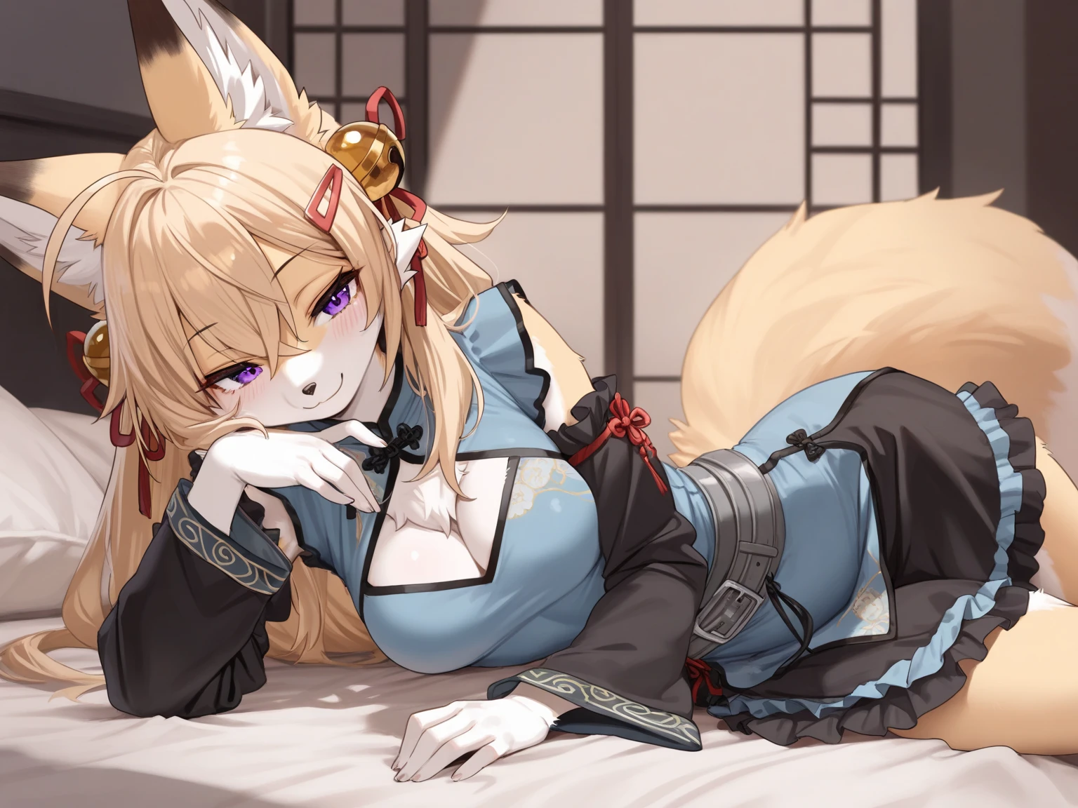 ((best quality)), ((masterpiece)), (detailed), 1 Girl, Off-shoulder ,Smile,Long hair,gentle,Anime style,big eyes,K cup,Revealing clothes,Chinese,Low collar,Fox ears,Mature,Sexy,blush,Foxman,Showing breasts,Combing the tail