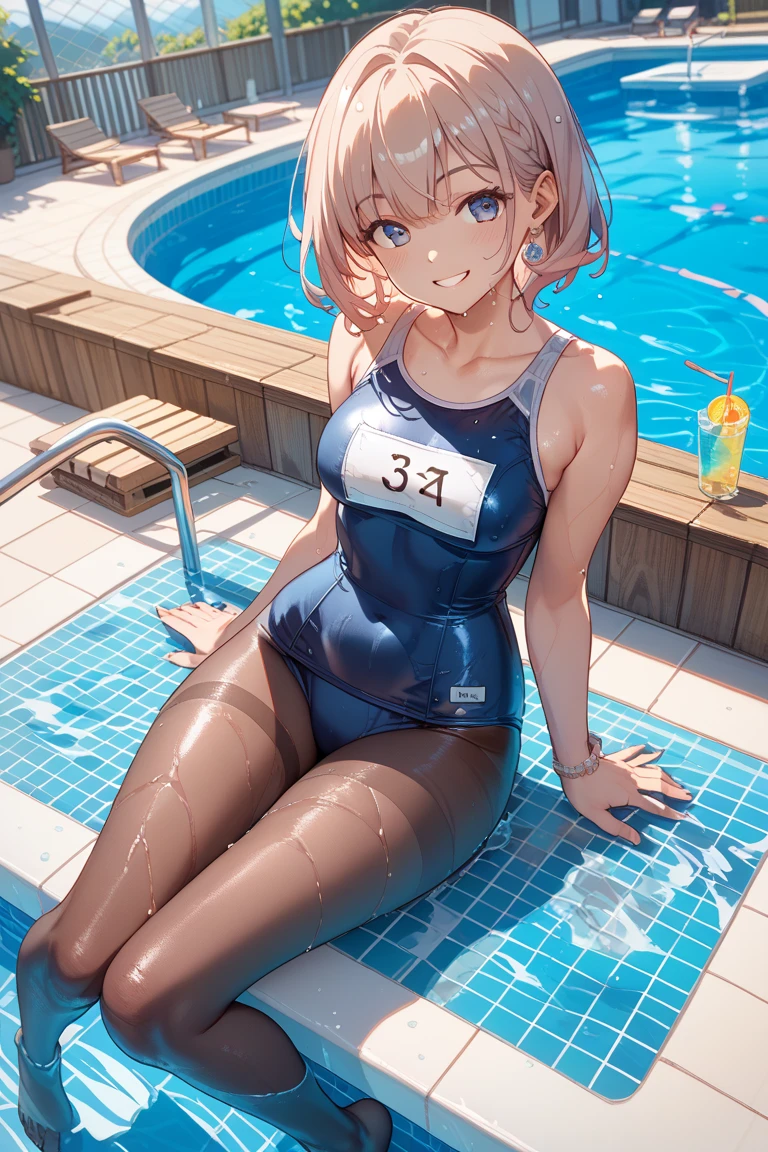 top-quality、Full limbs、complete fingers、Slender beauty、Blonde short、Bery short hair、knee high、Pink School Swimsuit、Bedrooms、Hotel
