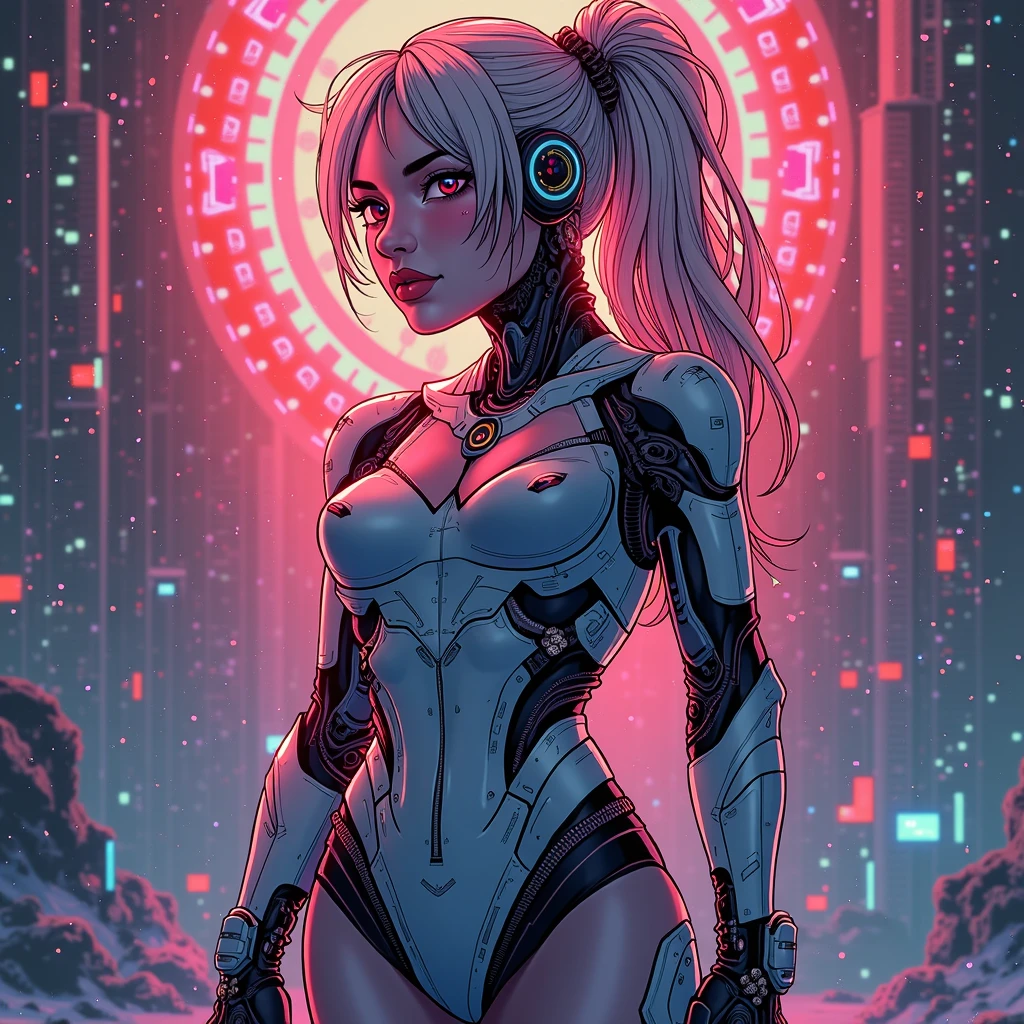Future mechanical girl,Sparkling metal,(Sparkling robot action:1.4) ,Ethereal,Futuristic technology,(Advanced artificial intelligence:1.4) ,(Neon flashing cityscape:1.4), (textura de la piel oscura afro :1.4) ,(cyborg white plastic transparent :1.4),(cabello white canoso :1.4) ,(Fondo de ruinas de mazmorra en ruinas cyberpunk :1.4 ), (Metal exoskeleton:1.4) ,Highly detailed facial features,(glowing light eyes:1.4 ) ,Carefully crafted synthetic skin,Luxurious futuristic fashion,Hover above the ground,Explore the cityscape,Futuristic technology,Exquisite craftsmanship,(Metal limbs:1.4) ,Complex design,Seamless integration of man and machine,Surreal,Otherworldly atmosphere,Utopian cityscape in the background,Advanced weapons integrated into her body,Exudes a soft, energetic glow,Expressive and captivating gaze,Superhuman strength and agility,Pose with confidence and strength,High-resolution portraits with vibrant colors and intricate details,Breathtaking,Awesome artwork. (Best quality,4K,8K,A high resolution,Masterpiece:1.2),Ultra-detailed,(Realistic,Photorealistic,photo-realistic:1.37),hdr,hyper HD,Studio lighting,Ultra-fine painting,Sharp focus,Physically-based rendering,Extreme detail description,professional,Vivid colors,Bokeh,sportrait,Concept artist,( face detailed :1.4),( iluminación cinematográfica :1.4), (anatomía perfecta :1.4), (nsfw:1.4 ),(nsfw V2.1)