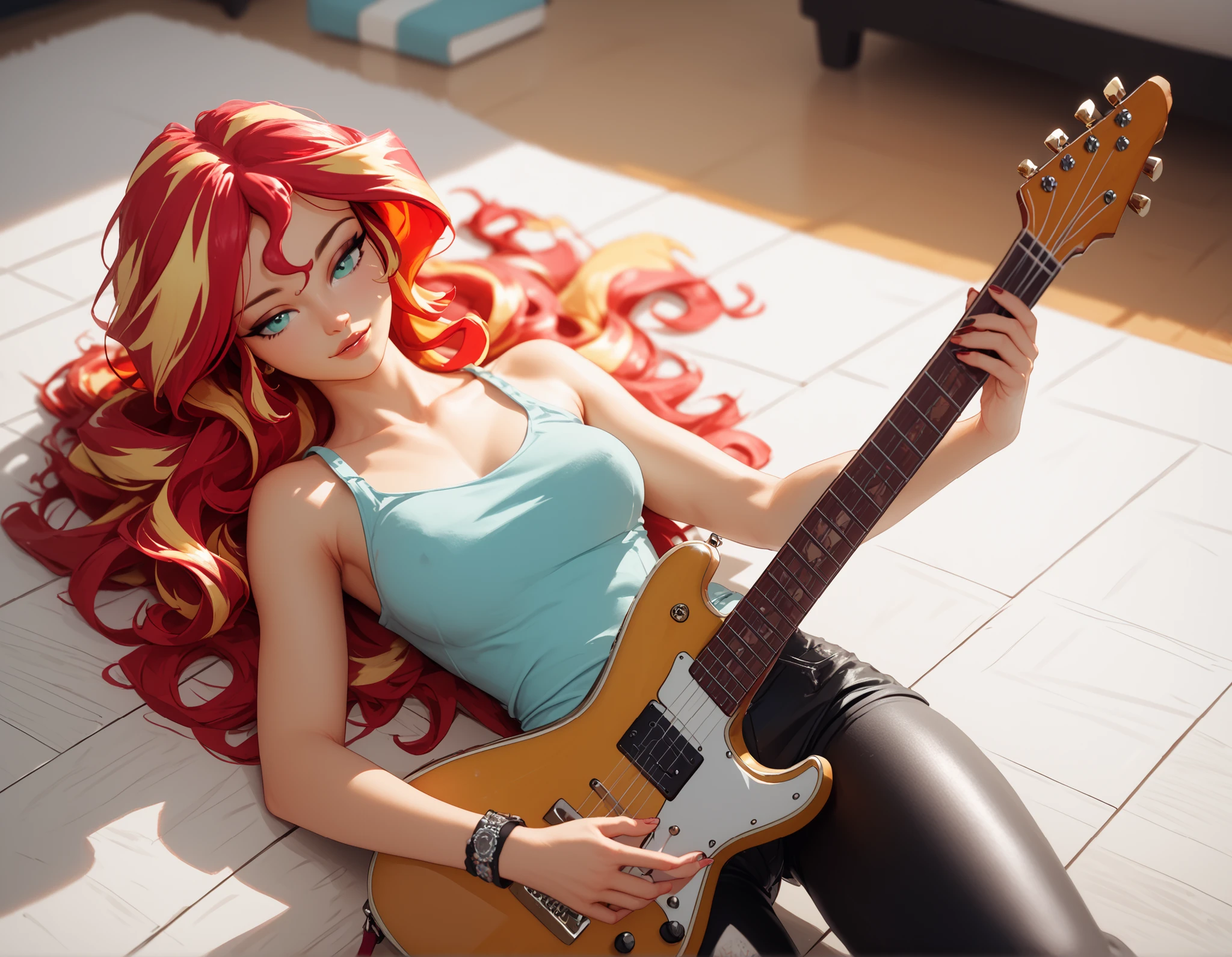 Sunset shimmer, laying on the floor, a guitar covering her body, bedroom eyes, very detailed, masterpiece, view from above looking down