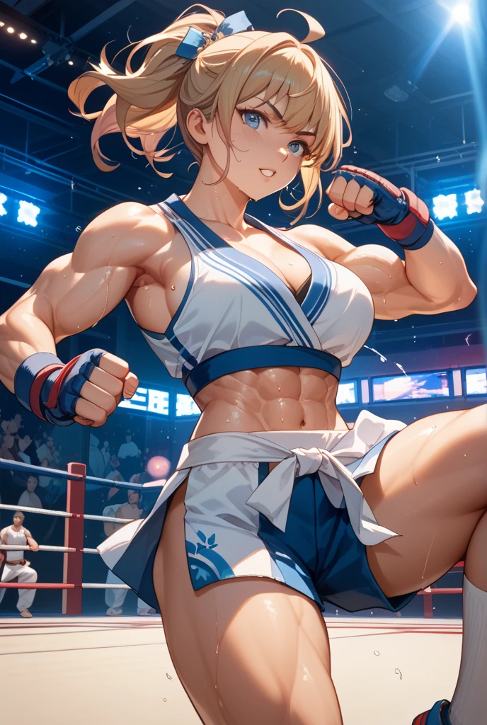 masterpiece, super high quality, Beautiful details, Very detailed,16K, Exquisite, 腹logicurdity, High resolution, Beautiful background, Beautiful Eyes, Beautiful Skin, Anime Style, 1 Female,alone, From above,
Cheddar Team, trapezius logic, 三角logic, forearm logics, 腹logic, oblique logic, The widest back, Hamstring, logic, Orange eyes, Gray Hair, Shorn bangs,:1.1 Ponytail, fluttering hair, Wild Hair, anger, Attack pose:1.2, A pulsating sensation, Speed, Boxing gloves, Play sports frequently, Huge chest that hangs heavily:1.2, Elastic breasts, Cleavage, Sweat, Wet, ボクシングのringの背景, indoor, ring, light up