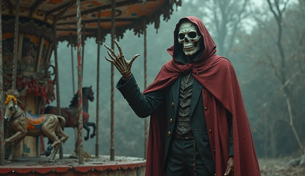 A satire and surreal picture of the red riding Eddie the undead at an eerie gnarly otherworldly willow jungle