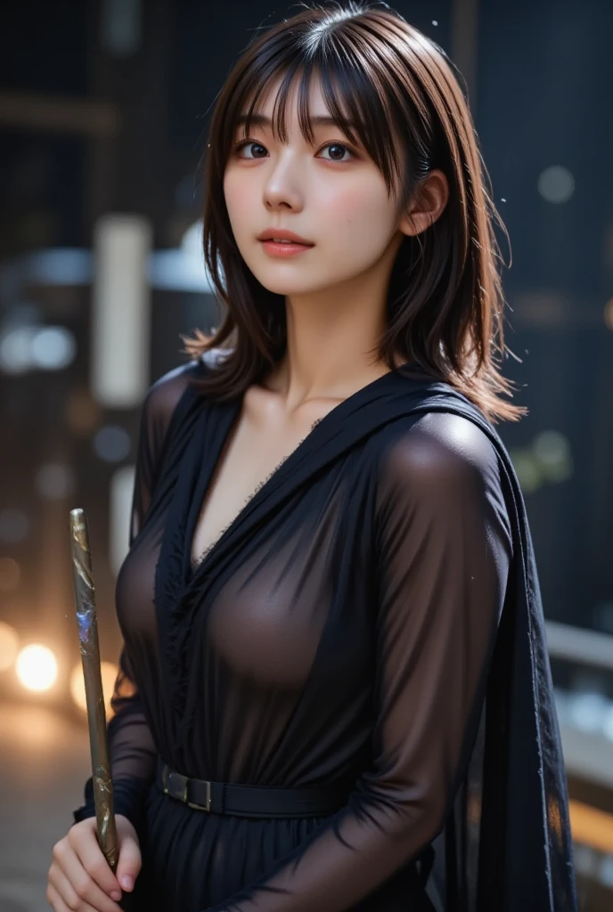 shoot from front,1young girl,15yr,look at a viewer,shorthair with bangs,((wizard clothes with witch hat)),open clothes over naked,light a flame on palm,background is castle,at nighttime