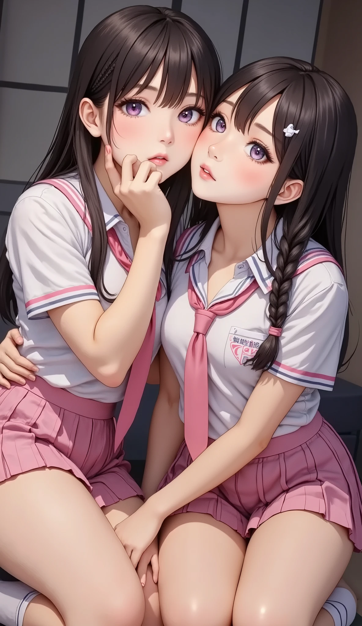 ((My face is wet with milk))、Background Bedroom、((On all fours))(Open mouth climax face)、Braided Hair、Cute face drawing、Realistically、(Two 29-year-old women embracing each other, cleavage emphasized)、Wearing a ((hoop earrings, college girl (Purple straight long ponytail hair, Princess Updo, HairClips, Hair Ornaments, perfect glowing pink-purple eyes) in uniform, (pink plaid pleated skirt), (see-through white unbuttoned blouse), (pink tie), (thigh high socks))),,Big Breasts,Accentuate your cleavage,Looking up from below,blush,moist pink lips,sexy,Own,Please open your mouth wide、Place your arms behind your head、Wear underwear