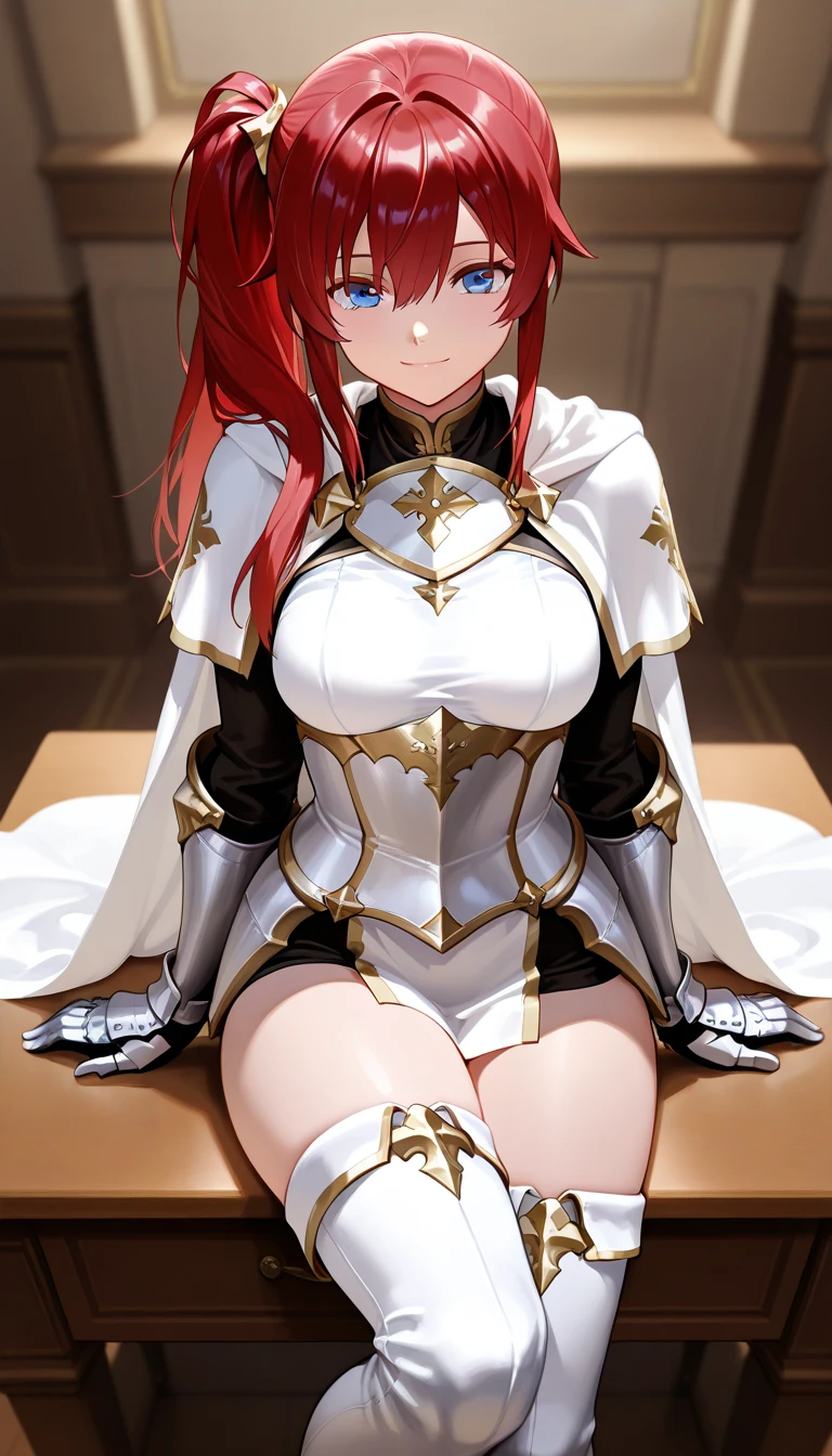 celica fe, 1girl, solo, looking at viewer, blush, sitting, wariza, on bed, seductive smile, cape, armor, dress, bare shoulders, thighhighs, tiara, gloves, pelvic curtain, leaning forward, cleavage, thick thighs