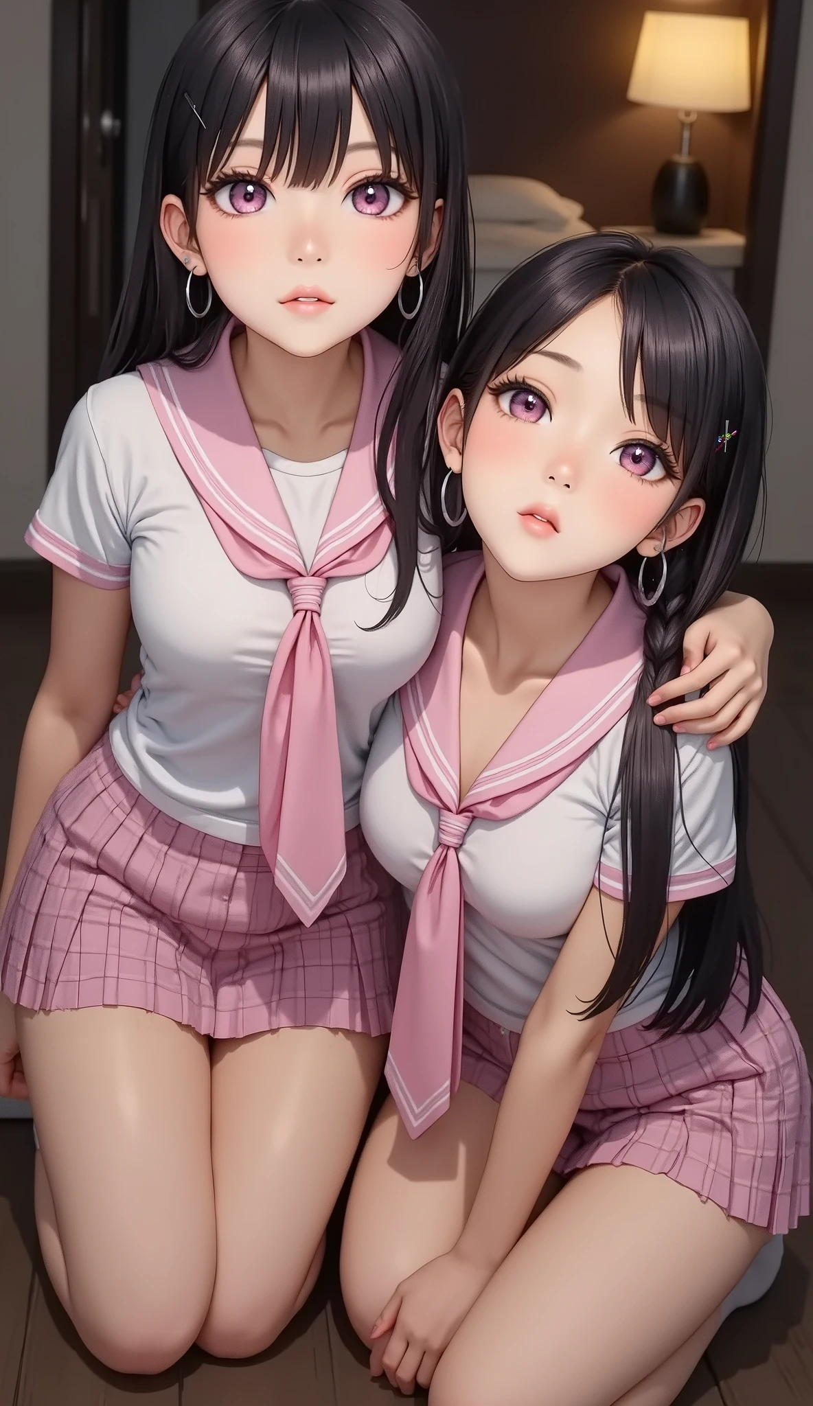 not futanari, masterpiece, best quality, extremely detailed, (illustration:1.2), 8k cg wallpaper, stunning art, nsfw, (2+girls:1.2), face between viewer's legs, no hands, no fingers, black eyes, (look at viewer with lovingly eyes:1.3), (cooperative fellatio, 2girls licking the perfect 1penis by perfect tongue:1.3), (1boy, full by:1.1), tongues perfect crawling on the 1penis, (drooling:1.3), (harem, group picture:1.1), (from side view:1.1), (close to viewer, face focus:1.5), , (in classroom:1.3),Black hair ponytail