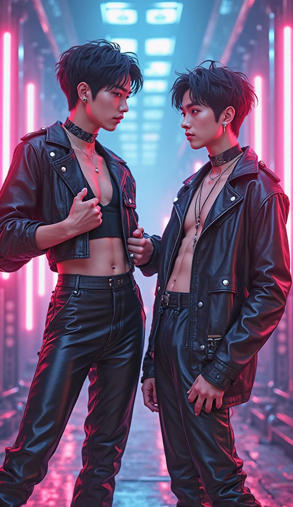 two men in leather underwear standing next to each other on a street, roberto ferri and ruan jia, black leather harness, 2 muscular attractive men, muscular men entwined together, alessio albi and shin jeongho, two muscular men entwined, gay, hard rubber chest, black harness, harness, wearing leather swim suite, Full body, Detailed handsome face, Very DIRTY, Black hair, showing off his hairy armpits, Big bulge, very hairy armpits, hairy pubic, hairy crotch, Cute handsome face, In the dirty alley, Zephyr stands bound, WEARING Tiny thong, his wrists encased in supple leather cuffs that accentuate the lines of his forearms. A bondage chest harness adorns his upper body, its intricate design revealing the play of shadows on the exposed skin of his chest. The ambient lighting casts a warm glow, creating an interplay of light and darkness. Zephyr's legs, enveloped in calf-to-thigh leather restraints, add a visual symmetry to the scene. The leather straps, secured with meticulous precision, enhance the aesthetic appeal of his bound form. The absence of a body panel in the chest harness exposes his torso, highlighting the vulnerability and sensuality of the moment. As Zephyr's hair falls slightly disheveled around his face, the room captures the scents of leather and anticipation. The alley becomes a canvas for the visual impact of restraint, each element contributing to the immersive experience. The intricate details of the bindings and the interplay of light create a visually compelling scene, ripe for exploration by an AI image generator. Both Arms behind back, handcuffed. Nipple clamps.