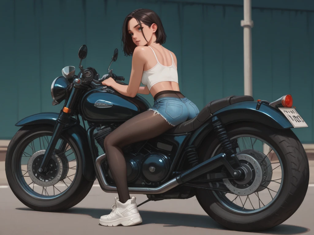 (1 person),(Best image quality, 8k, masterpiece:1.3),((Brown hair bob cut:1.1)),(Swept-apart bangs,Braiding), (Cute eyes, Dark Eyes), (Mole under right eye), (Standard weight), (Large Breasts),(Big Hips), (Glowing Skin:1.1),(Pale skin:1.2),(Sweat),(A fantastic atmosphere),(look up),Ultra-high resolution, Textured skin, Sparkle Effect, Riding a motorbike,Red lace bra,Red T-back,garter belt,Mountain trail,Scenic mountain,cool,Leather boots,Leather Gloves,Bends,Sport Motorbike,Accentuate your butt,Turn your back,back,Stick your butt out