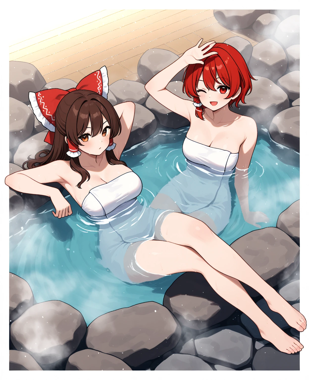 Female, female cat, red hair, red eyes and black inside, bathing, sitting on a watery and rocky floor, medium sized chest, adult, thick hips, thin waist, many girls bathing
