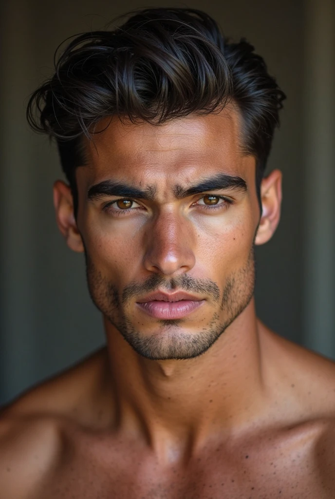 Hot Indian man with brown hair like Chico grey Blue eyes good facial structure without facial hair not even a bit but looks like European has golden brown White caramel skin 6’4 tall and has built of an athlete 

Make him fairer give him more of pretty boy face 
Don’t give him beard make him look like pretty boy even more 
Make him even browner hair 
And no beard NO BEARD
NO BEARD 

NO BEARD 