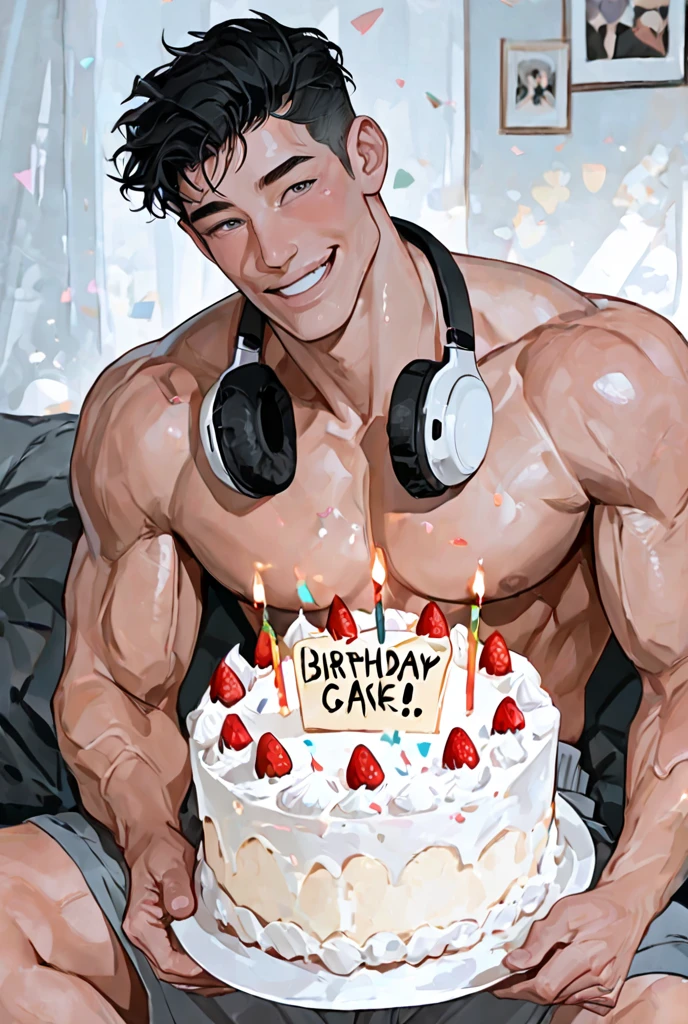 best quality, masterpiece, handsome polynesian man, tan skin, wavy dark hair, wearing very tight low-rise speedo, jumps out of huge birthday cake, four lit candles, icing and frosting on body, bulge, sexy, gay, homoerotic, perfection, no watermark, no logo, no signature