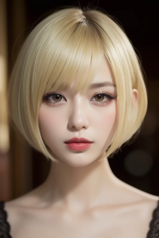 ((Bust-up photo:1.6))、((Like an ID photo:1.4))、((Apply beautiful makeup:1.6))、((A girl in a transparent milky negligee on her naked body:1.6))、((No underwear:1.6))、Natural Shading、((Moist eyes:1.3))、(K-Pop Idols)、Calm and goddess-like happiness、Look at the viewer with your whole body、((Slightly parted lips:1.3))、Natural Shading、((((Beautiful bob-cut gray hair))))、((Blonde Japanese Woman)))、(Short bob blonde:1.5)、masterpiece, Highest quality, 8k, Absurd, (Upper body:1.4), Beautiful girls, Beautiful face, Looking at the audience, Laughter, Surreal, High resolution, picture, Film Grain, chromatic aberration, Sharp focus, High resolution, フェイスLight, Dynamic Lighting, Light, Professional Shadow, Simple Background, (Dull grey background:1.4), Highest detail, Very detailed, Ultra-detailed, In detail, Real Skin, Delicate facial features, Detailed face and eyes, Sharp pupils、live action idol