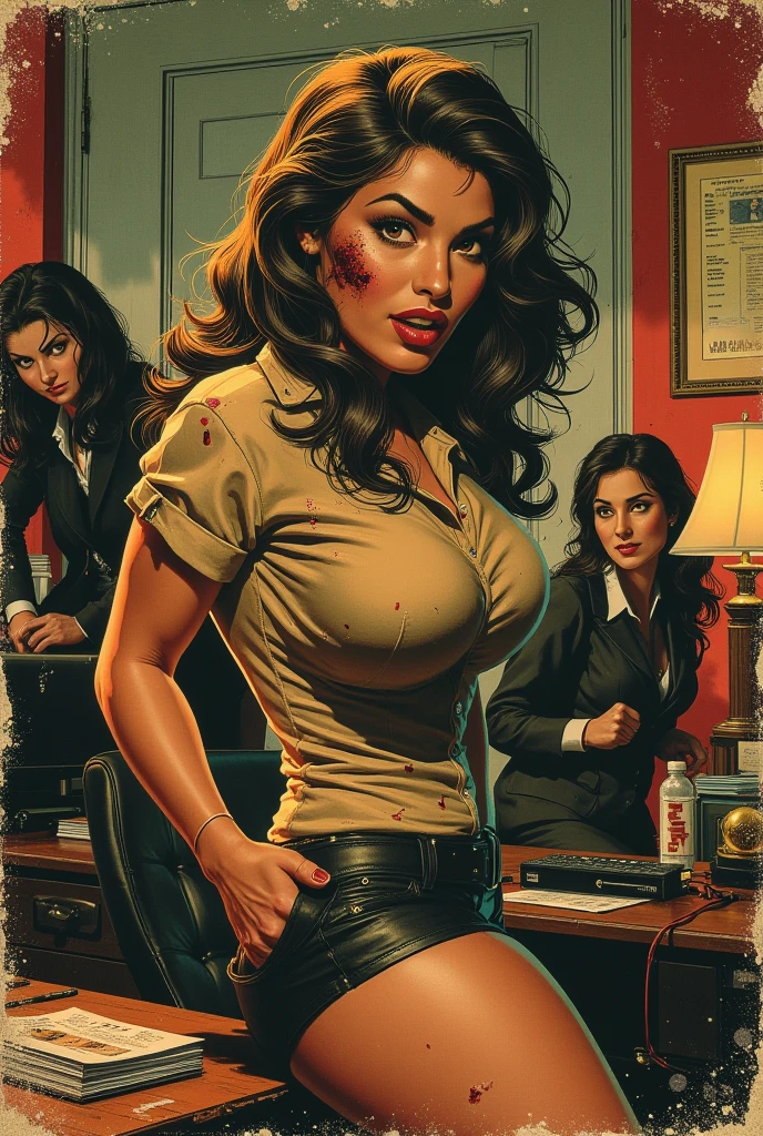 robert lesser, bank's vault, charismatic , open wide eyes, leopard skirt, illustration, noir fantasy, action scene, two woman, a police woman points her gun at a teenage thief, sad ending, thief with hands lifted, pulp art, sensual curves, cleavage, vagina exposed, agazapada, at night