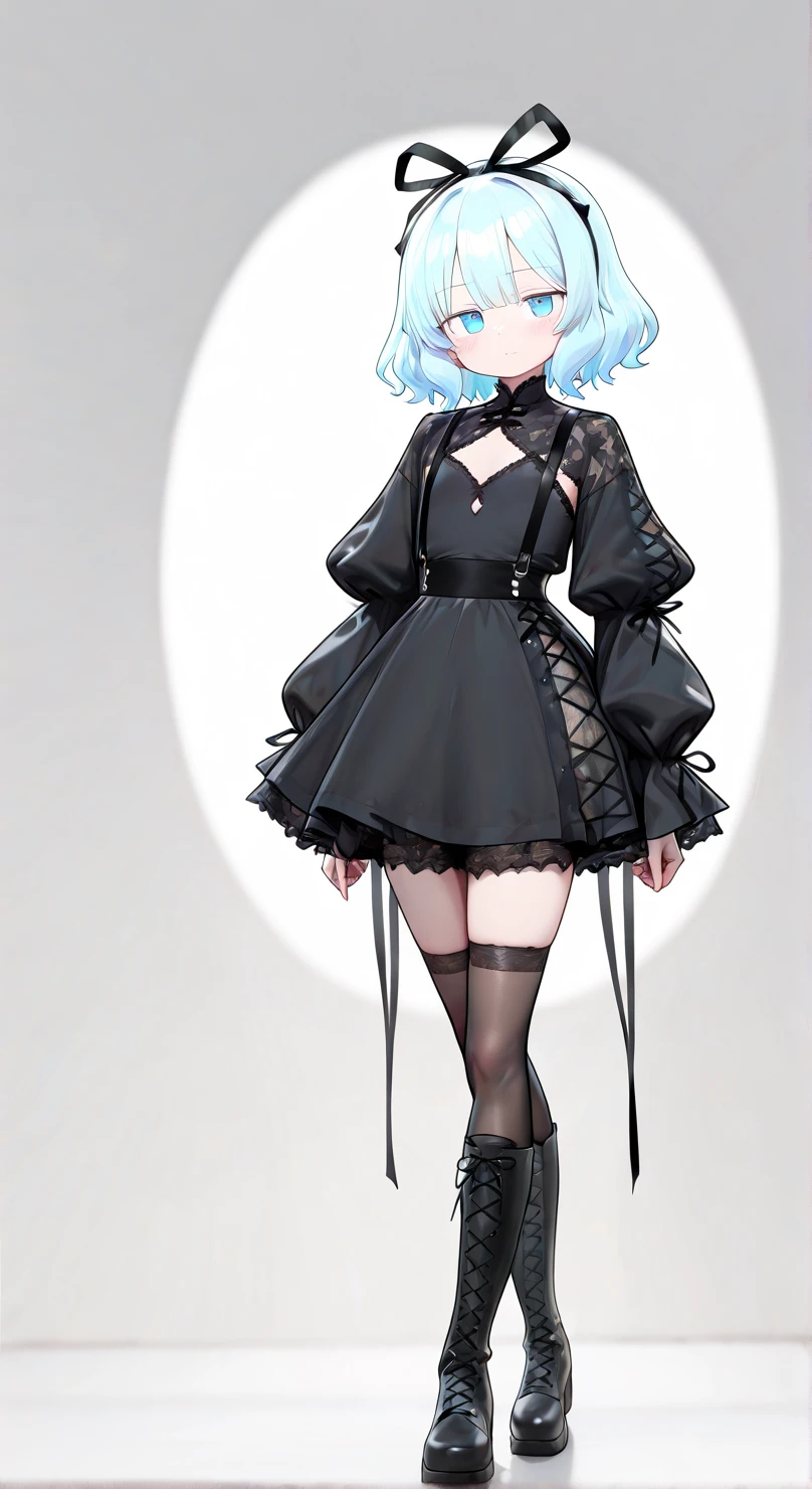 ((best quality: 1.2+ultra-detailed: 1.1+high resolution: 1.1), white short hair, white long-sleeved shirt, short black skirt, black bow tie, white techwear jacket, cute girl, cute, deadpan,( Knee white socks: 0.8), (detailed description: 1.2), exquisite face), white background, cute loli, round glasses, full body, standing, thigh high socks, stocking, facing front, front view, standing in the middle, show legs, no wind, standing straight, cat ears, no pose, no pov,