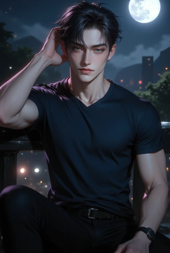 (best quality, masterpiece, highres:1.2), beautiful:1.5, open black suit, black short hair:1.5, under the moonlight in a deep forest, no one around, looking at the viewer,symmetrical eyes, at night, holding a sword in his hand, shirtless , fully naked, wearing thong, with necklace,.  