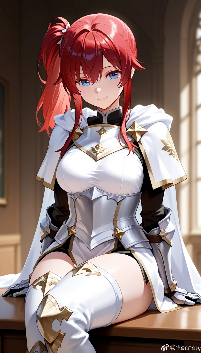 ((masterpiece)), ((best quality)), (ultra-detailed), absurdres, extremely detailed CG unity 8k wallpaper, Official Art, Accurate describe shapes, (realistic), detailed hands, upper body, close-up, solo, (castle, scenery, dramatic light, illustration:1.1), (standing, arm at side, smile1.2), (1girl, mature female, large breasts, red hair, long hair, closed eyes:1.4), (white gauntlets, white cape, white armor, pauldrons, black pants, fur trim, black gloves:1.3), , ((masterpiece)), absurdres, HDR, tristan (fate), genderswap \(mtf\),   <lyco:GoodHands-beta2:1.0>  <lora:Tristan - FGO v2:0.7>