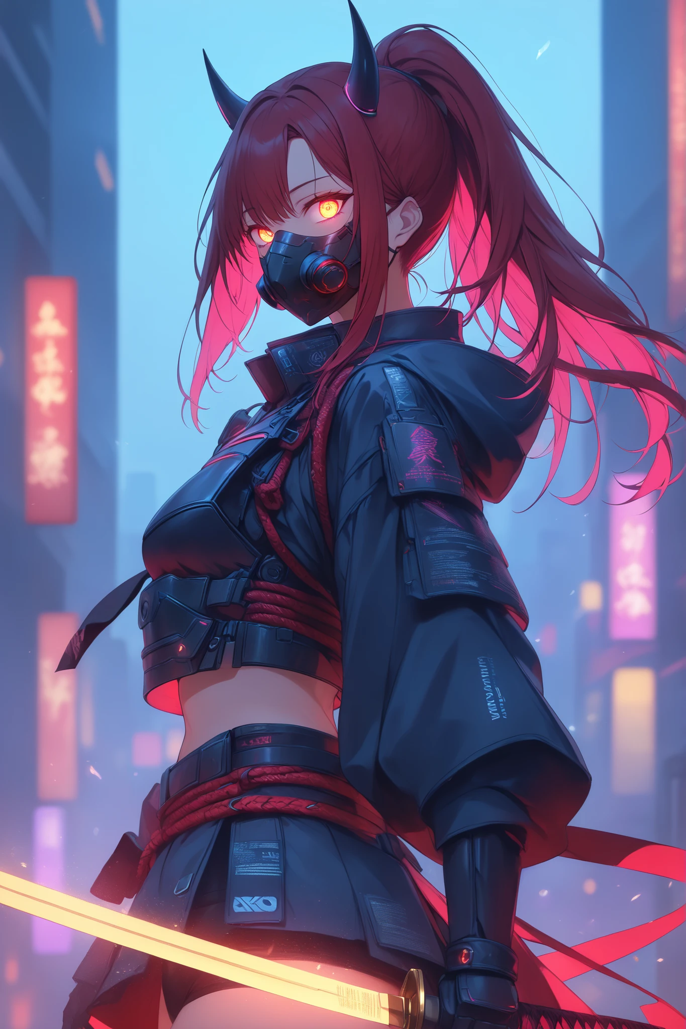 ((masterpiece)), ((RAW 4K)), ((anime-real fusion)), ((high detail)), ((cyberpunk samurai woman)), ((The Crimson Blade)), ((veteran warrior)), ((glowing eyes)), ((high-tech armored gloves)), ((neon-accented armor)), ((urban dusk lighting)), ((cinematic tone))

A battle-hardened female cyberpunk samurai in her late 20s stands atop a quiet skyscraper edge overlooking the neon-lit city. Her long deep red hair is tied into a sleek high ponytail, swaying gently in the wind. Her amber eyes glow faintly with intensity and wisdom, and a cyber oni-style respirator mask covers only her mouth and jaw — sleek, minimal, and hornless.

Her outfit fuses futuristic tactical design with the soul of a samurai: a short neo-hakama skirt layered over sleek black tech-fabric inner shorts, glowing seamlines running down the sides. Her upper armor is slightly scorched, holding echoes of past battles — a mix of carbon-weave plating and stylized traditional design, with blue neon traces pulsing faintly across it. 

Strapped diagonally across her back is a mid-sized energy katana — its hilt glows faintly with neon blue lines, emerging just over her shoulder. Both her hands are gloved in lightweight cyberpunk tactical gloves, designed for precision and combat readiness.

**Camera: over-the-shoulder shot, urban skyline in smoky neon dusk. Neon reflections shimmer off her armor and mask. Background filled with misty lights and soft ambient particles — a city that never sleeps.**
