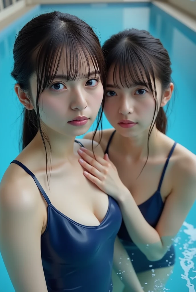 ulzzang-6500-v1.1, (RAW photo:1.2), (Photoreal), (See-through:1.3), (genuine:1.4), very cute girl in a swimsuit、Your droopy eyes are cute、expression of embarrassment、bold pose、full body shot:1.16,