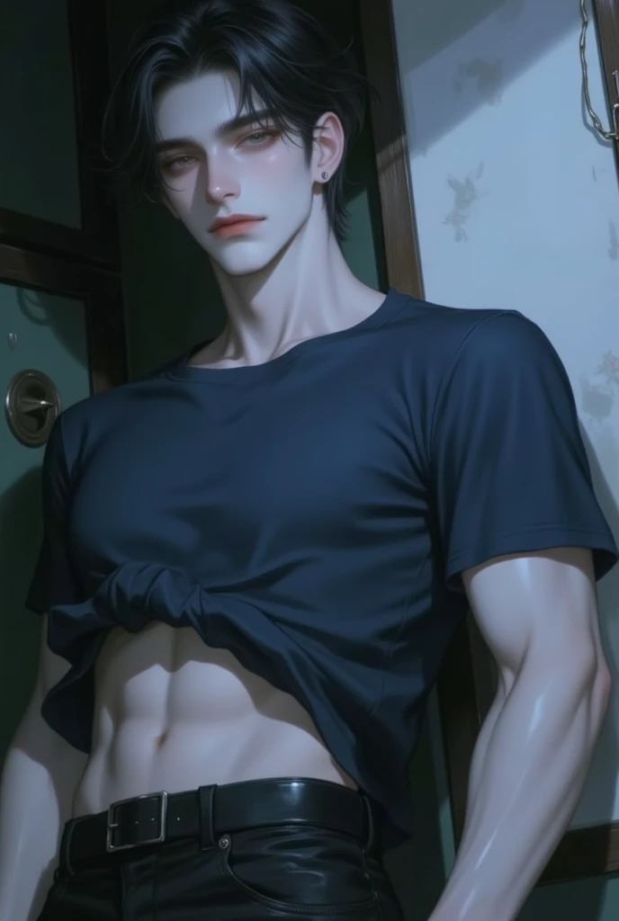 masterpiece, ((a beautiful man)), high resolution, Raw photo, perfect limbs, perfect limbs, double beautiful eyes, Depth of the bounds written, cinematic lighting, Delicate hair depiction, (Handsome guy), detailed, (whole body focus), Nobody is here, beautiful nose, Looking at viewer, bed, short hair, he wears tight sportswear, Handsome guy, blush