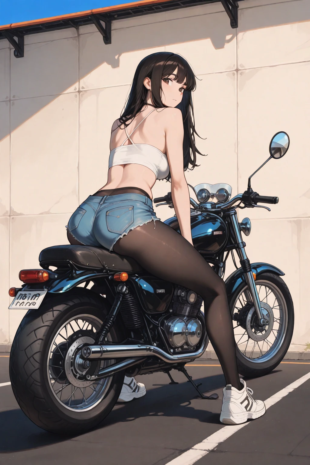 a girl straddling motorcycle saddle cushion, dolphin shorts,