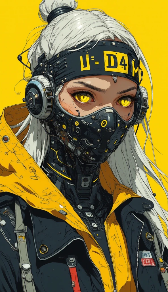 (masterpiece:1.0), (highest quality:1.12), (HDR:1.0), cyberpunk girl, yellow long hair, cat ears, gold eyes, (respirator:1.1), (head-mounted display:1.2), harajuku fashion, jacket, (simple illustration style:1.3), aesthetic