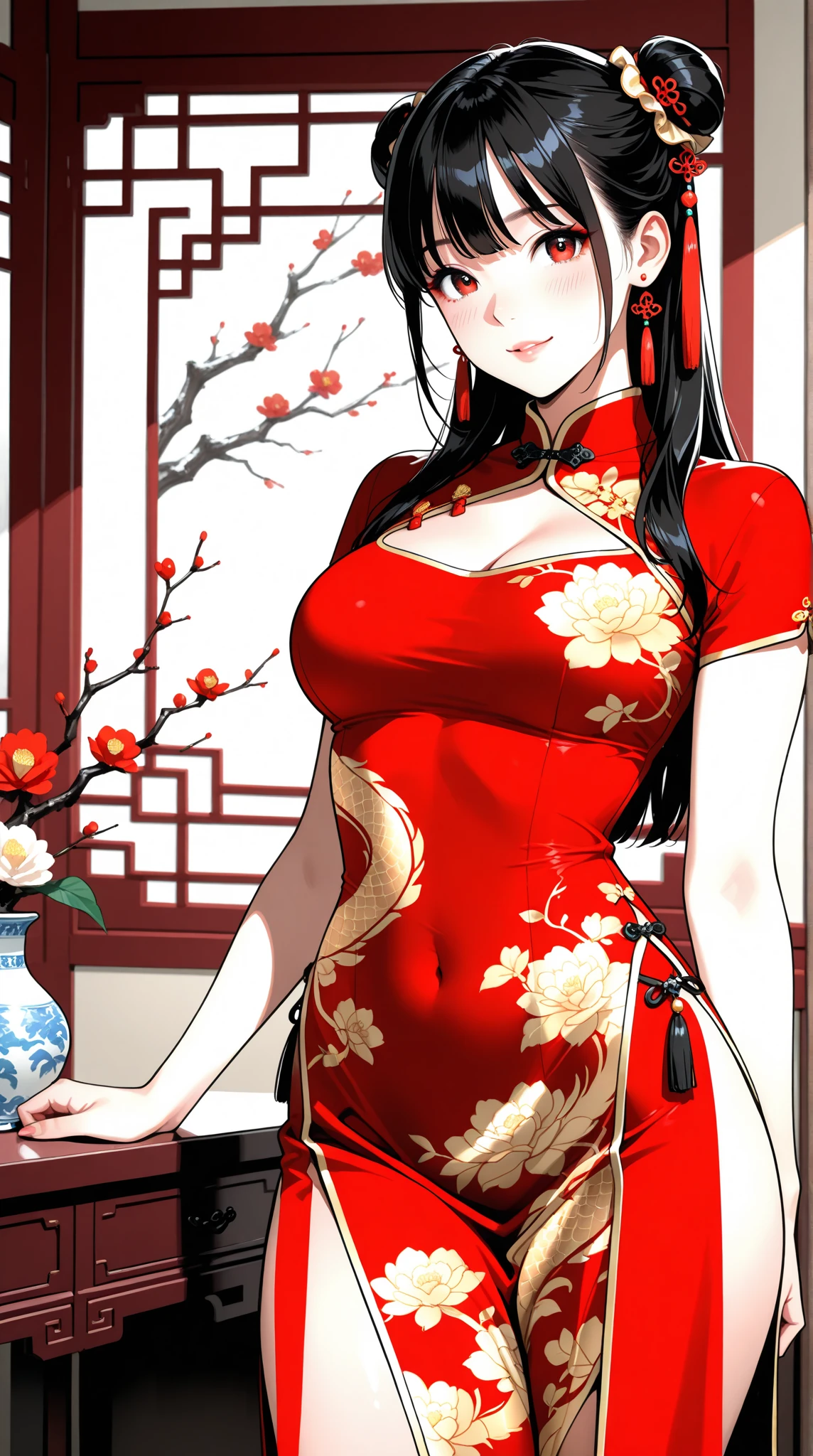 One woman　She is a beautiful 1 Chinese kung fu princess with long black hair.　Gorgeous embroidery, Ultra glossy, She is wearing shiny red long sleeve floral pajamas....　After being subjected to intense sexual acts for the sake of procreation, she is laid down on a red futon and sleeps, exhausted.　She spread her legs wide and cum spilled out of her hairy pussy.　aftersex