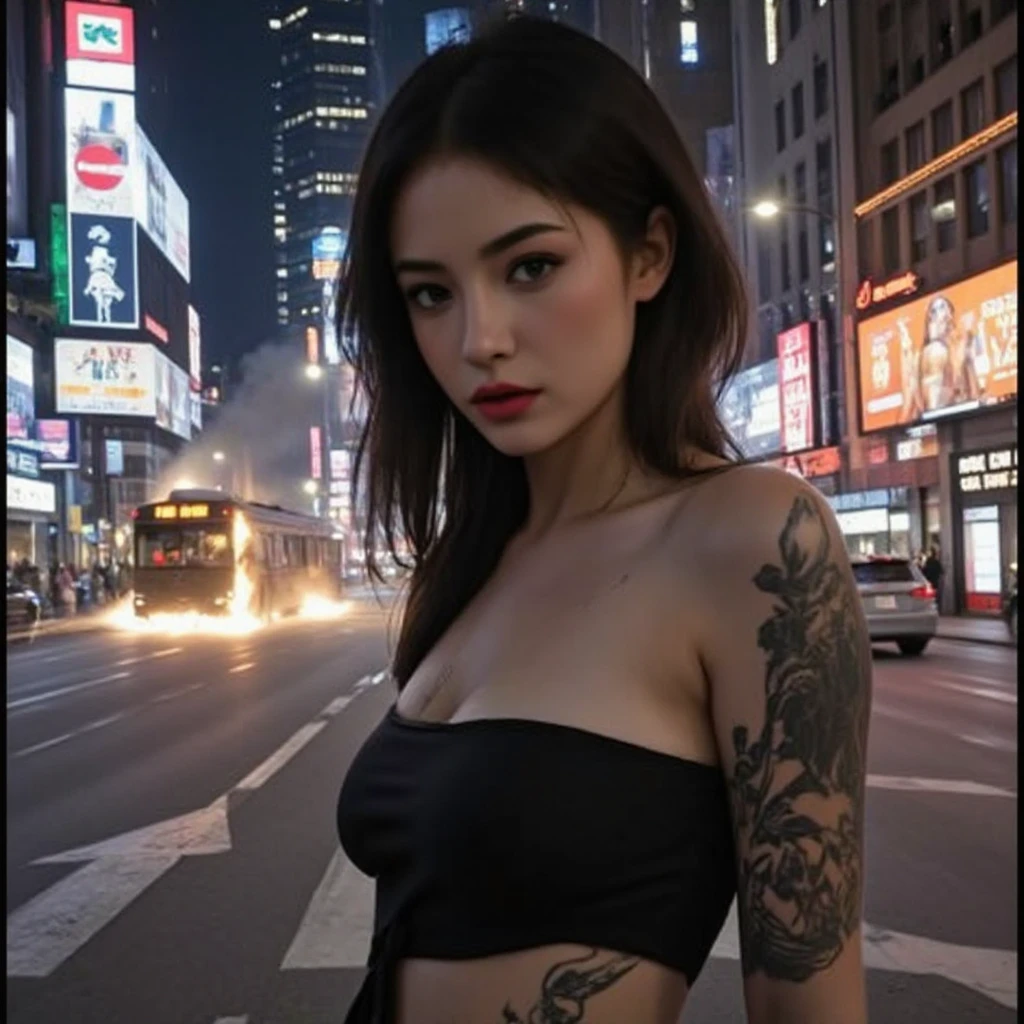 16K, Realistic photo image, Masterpiece, Shot with a SLR camera, Canon, aperture 1.8, Hyperrealism, 1 girl in the frame, looking straight at us, Chinese woman, similar to Linda Evangelista in her youth, futuristic image, cyberpunk style, dark hair in a tight bun, She standing at full height, ((transparent sport bra and underwear), (big breast), high shoes, against the backdrop of a gray glowing cyberpunk city, neon signs in the background, written on the signs in Chinese. Full body potrait, ((body tattoo: 1.2)) ((smiling))
