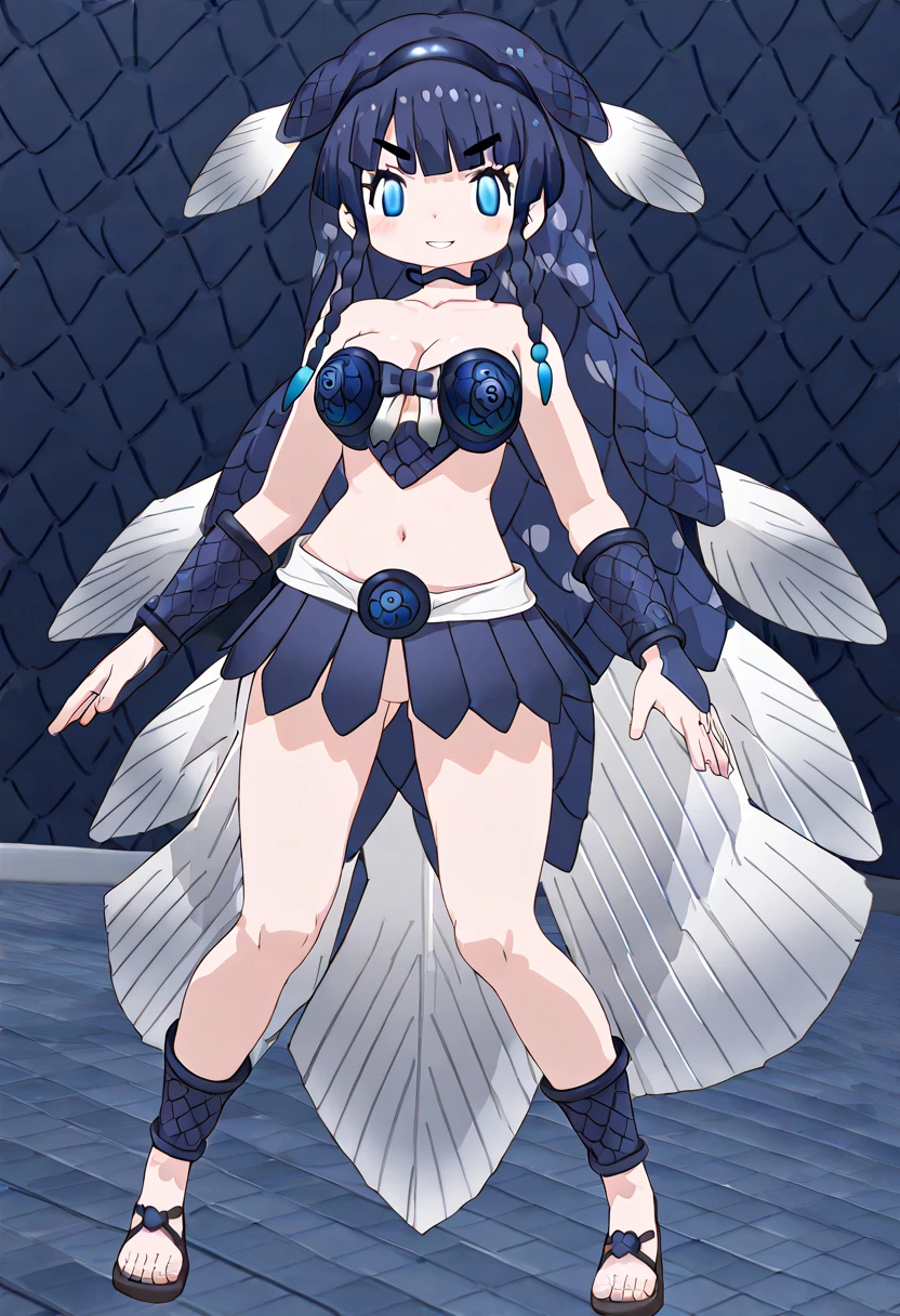 zPDXL, score_9, score_8_up, score_7_up, 1girl, solo, rcklgnd, mature woman, small breasts, very long hair, grey hair, feminine, scars, facial scar, lipstick, full body, looking at viewer, standing, harpy, evil, bird legs, winged arms, bird tail, blue skin, pregnant