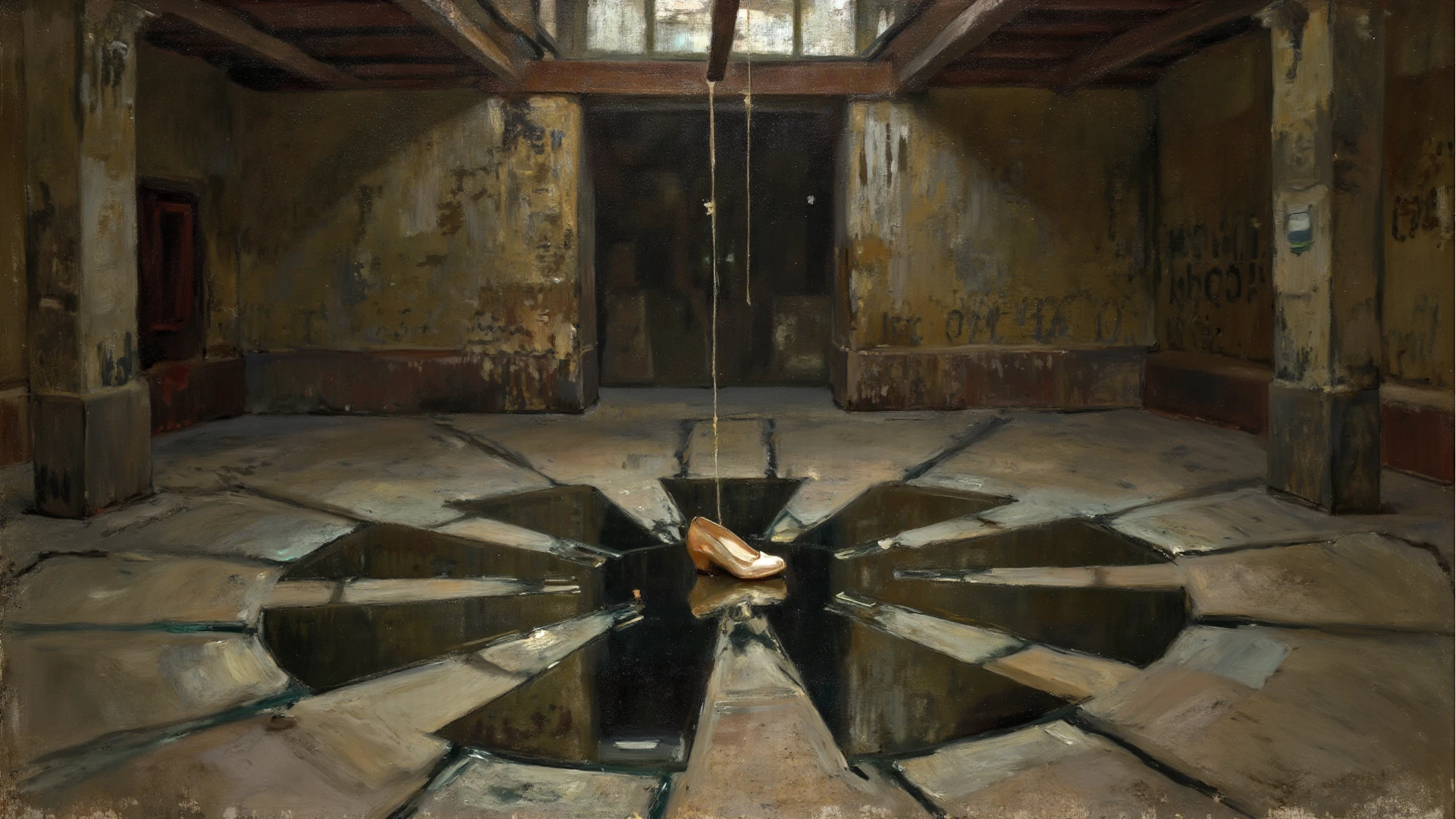 RUSTY CHAINS, (lens flare, bokeh, Wide-Angle, Ultra-Wide Angle, from below, from side, wide shot, isometric, afterimage, partially underwater shot), (from below:1.5), ((Detailed eyes)), [woman in chain:1.3], [chains at the ankles], [chains at the ankles], [chains at the ankles], [the chains on the wrists], [the chains on the wrists], [the chains on the wrists], bare feet, full body chain, dirty woman chained to a chair in a cage, white torn stockings, broken glasses, woman in chain in a cage, iron bars, desperate expression, worried alice in wonderland in chain in a cage, concerned about future, brunette, realistic hands