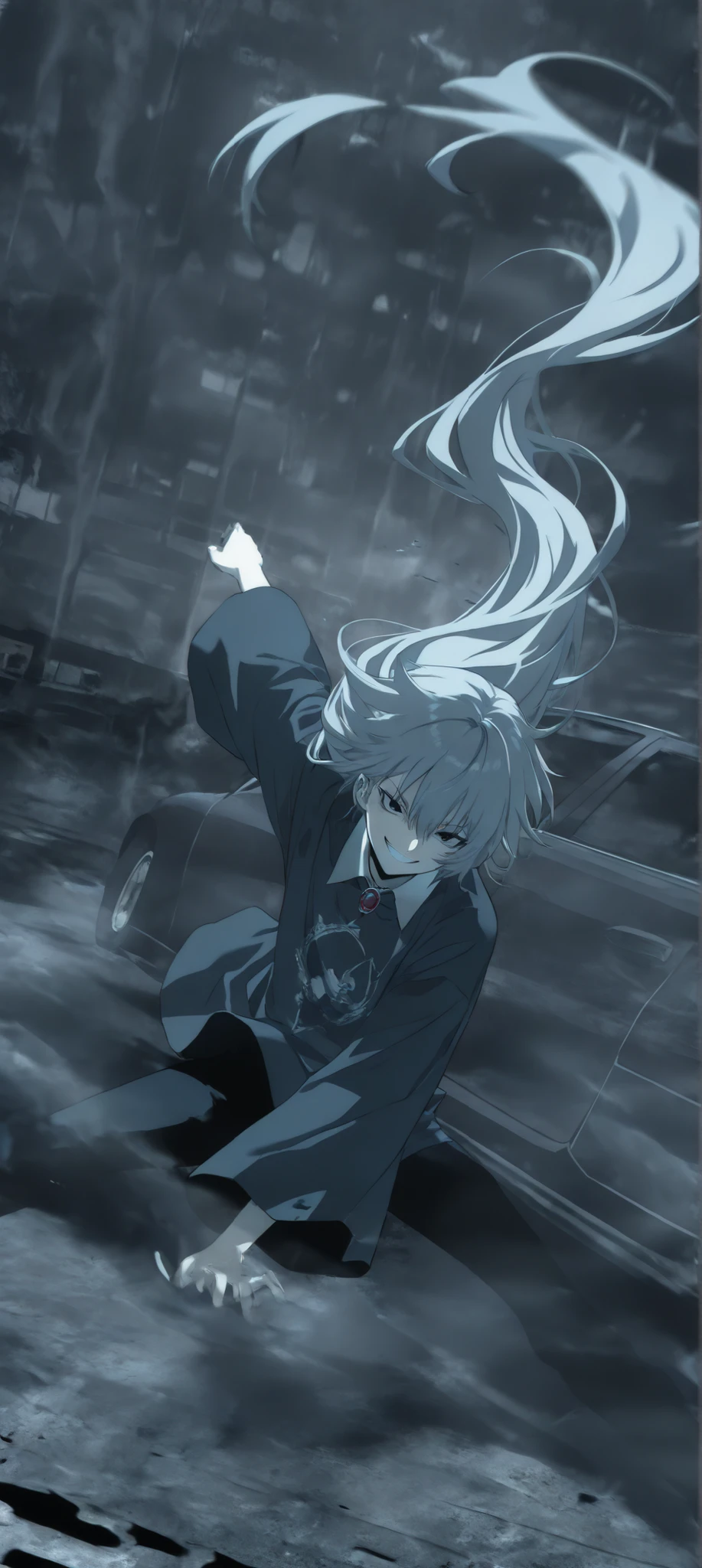 by [arknights|(748cmstyle:0.5)], god rays, cinematic shot, dramatic lighting, young adolescent, ager, young, masterpiece, best quality, amazing quality, very aesthetic, high resolution, ultra-detailed, absurdres, manwha, extreme detail, 
1girl, solo, alone, (action shot, dynamic pose, closeup shot:1.2), ,air between eyes, narrowed eyes, tsurime, cute expression, oversized sleeves, black eyes, gray hair, brooch, wolf_cut hair, very long hair, loose t-shirt, divine aura, cocky smirk, arrogance, soft eyes, head tilt,  BREAK, depth of field, volumetric lighting, (((glitchy, distortion, chromatic aberration))), scenery, 
 