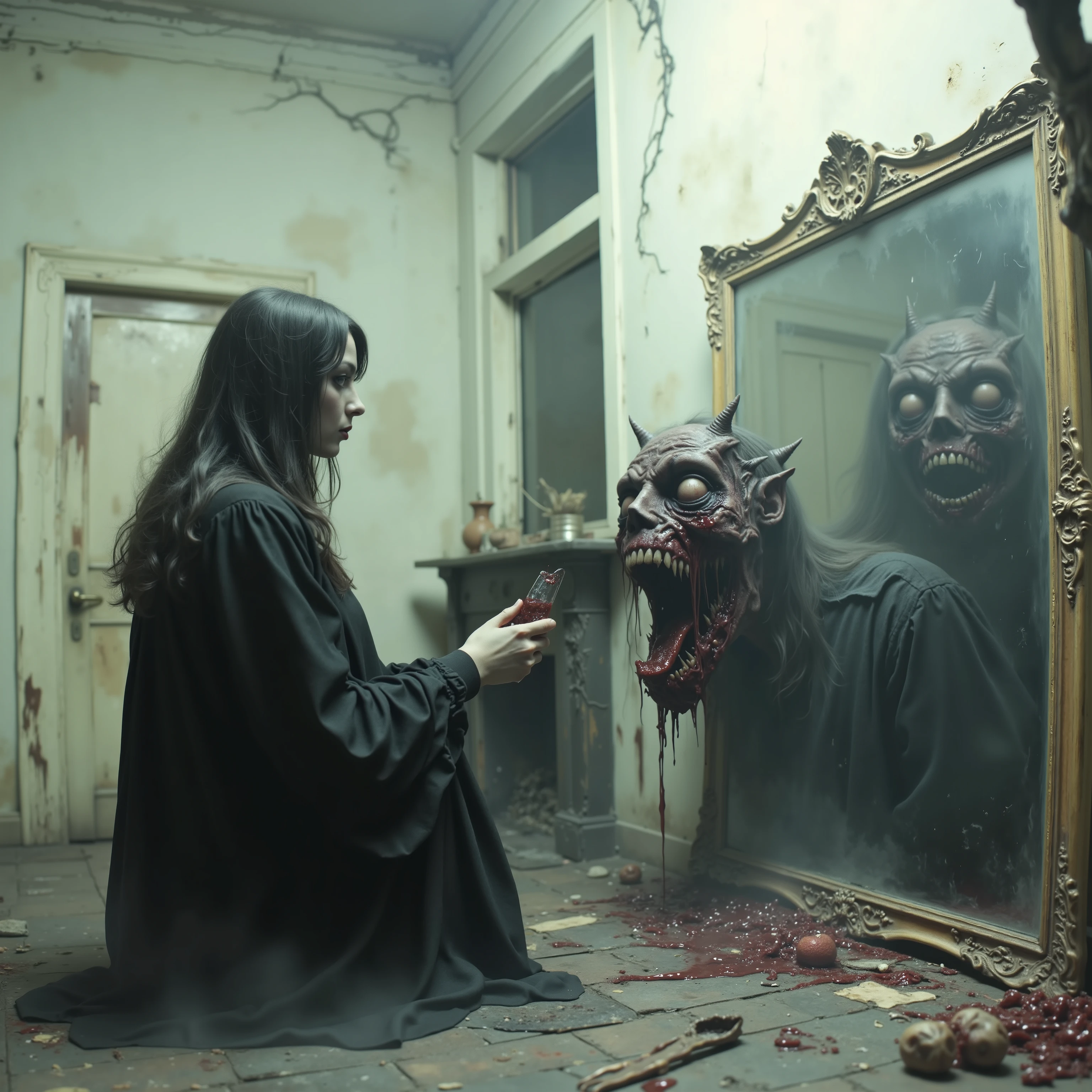 Horror, surreal art, darkside art, Unsettling,splatter, made of blood and gore, novuschroma, A beautiful young woman stands in front of a large antique mirror and sees a hideous demon looking back at her. Ultra-realistic, photo-realistic, ultra-detailed, insane 3D realism, cinematic photography, cinematic lighting, cinematic portrait, portrait photography, cinematography, cinematic, full focus, UHDR, best quality, 4k,8k, highres, startling, stunning images, awe-inspiringly, surrealism, etheral, creepy, spooky, horrific, somber, darkside art, gothic, macabre, melancholic, dark fantasy, scary, weird, haunting, masterpiece