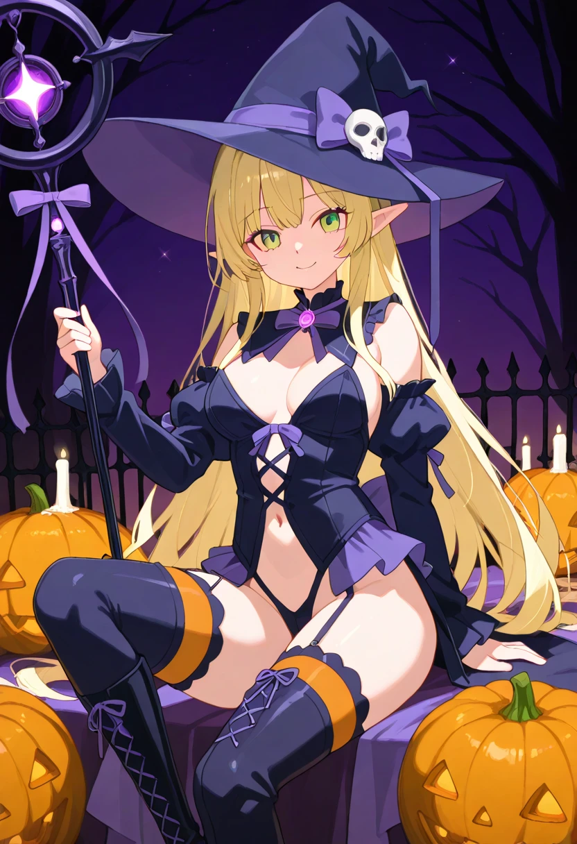 Black Magician Girl、Yu-Gi-Oh、Anime characters、woman、Blonde、Green Eyes、Blue leotard、D Cup、M-shaped legs、Cool look、Shyness、Thick thighagician hat、Magic Stick、Outer Honeycomb Hair、Long Hair、On the cheek