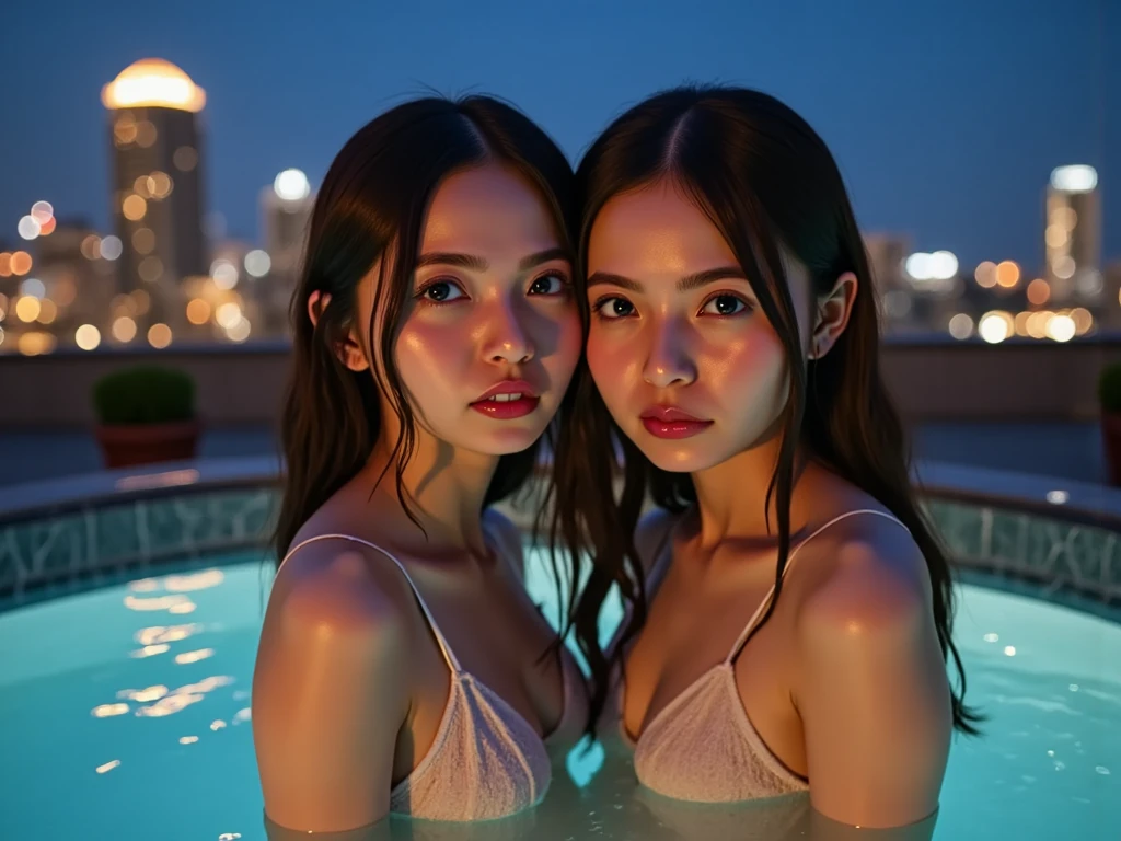 8k, high resolution, masterpiece, ultra-detailed, full body shot (cute girl, young, barely legal, tanned skin), (oversized loose blouse over micro bikini, short, wide neckline, deep neckline, random color, bikini underneath), (cozy cabana, shiny silky sheets, outdoor, tropical ressort after a sunbath, wet, at dusk), (medium breasts, small hips, detailed face, long slick ponytail hair, tattoos), moody atmosphere, random dramatic and neon colors, futuristic setting, intricate details, at night, backlit, full body shot