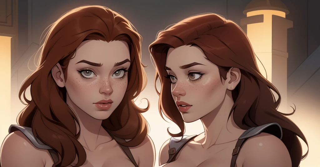 Character style illustration style Completely bare breasts showing a little fear Breast size Cartoon name: Isabella Cruz white background medium breasts freckled face Hermione Granger actress strong contours Physical description - long straight hair, tingidos de um marrom vibrante que contrasta com sua pele clara. - You reflect a mix of curiosity and determination. - Ela tem uma estatura alta, with a slender and agile figure, evidenciando sua agilidade e destreza. -fundo colorido Design de personagens de retrato, beautiful digital illustration, retrato de alta qualidade, Arte em quadrinhos, Corpo inteiro sensualizando ou pelada. folha de retorno. return sheet member of the day outfits hell day expression love wearing Gryffindor outfits