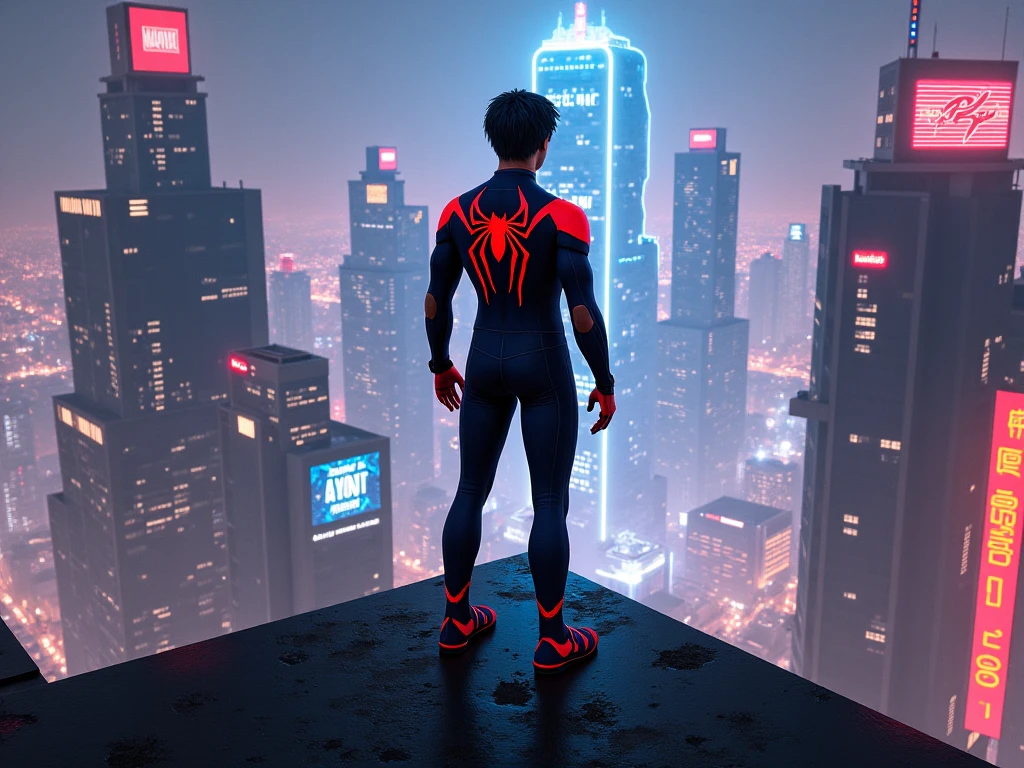 Spider - Man in a suit standing on a roof with a cyberpunk city in the background, Bustling with neon signs, Pedro Lucia, Homem-Aranha, aranha - homem, Retrato do Homem-Aranha, hq 4k papel de parede, Aranha altamente detalhada - Man, peter parker como homem-aranha, Estilo futurista Homem-Aranha, 8k render", medium close - up ( Mcu ), Spiderman, Trending in ArtStation 4K, cg arte