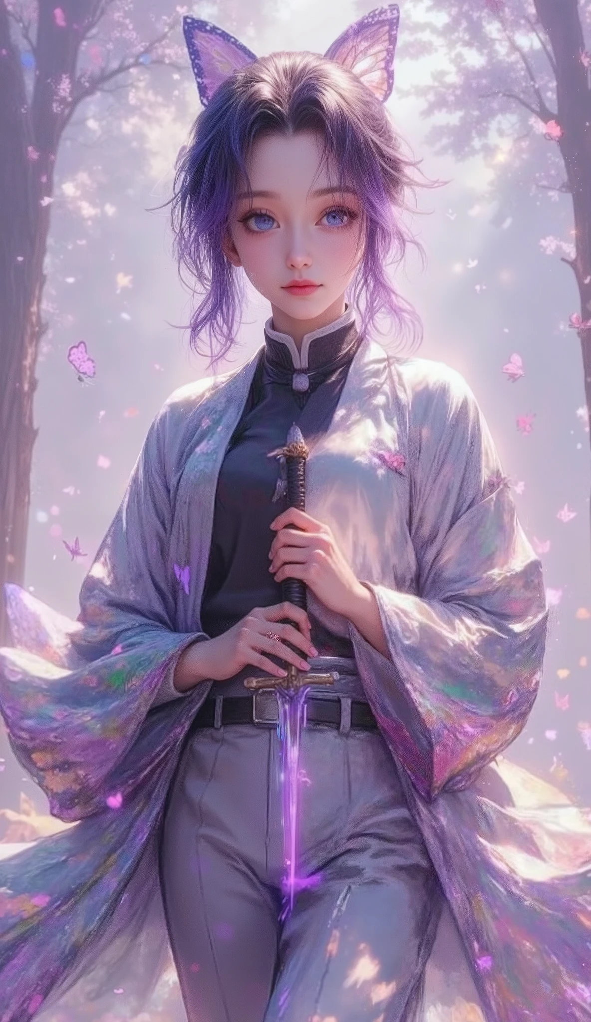 Shinobu Kocho: The Insect Hashira’s butterfly motifs come to life, fluttering softly around her. Her delicate, poison-tipped blade glimmers with a mesmerizing violet hue.