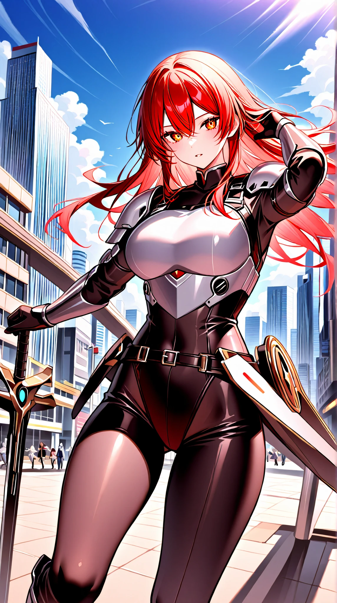 masterpiece, best quality, illustration, ultradetailed, 1woman, red hair, red eyes, long hair, very large breasts, very fat large thick thighs, black thighhighs with red accents, black outfit with red details, very large cleavage, exposed belly, exposed arms, futuristic cyberpunk armor, futuristic cat ear black and red headphones, 1 black and red hair ornament, black skirt with red accents, embarrassed, bedroom, bed, strong contrast, dominant black color with red accents