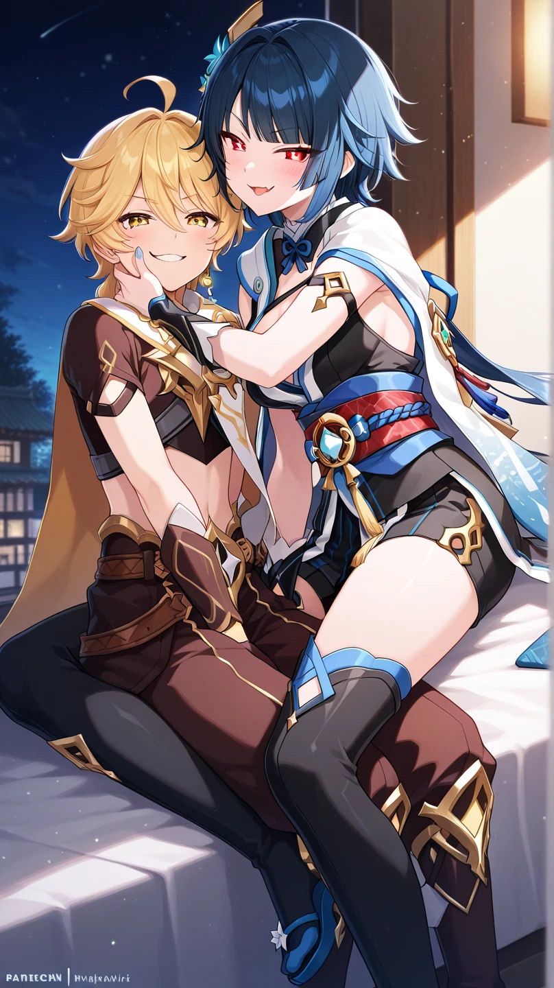 score_9, score_8_up, score_7_up, score_6_up, source_anime, BREAK, 1boy, 2girls, genshin impact, (aether), lisa, eula, ffm, standing, indors, inside ship, ((male focus)), side view, lean male, handsome male, yumejoshi, femporn, sandwiched 