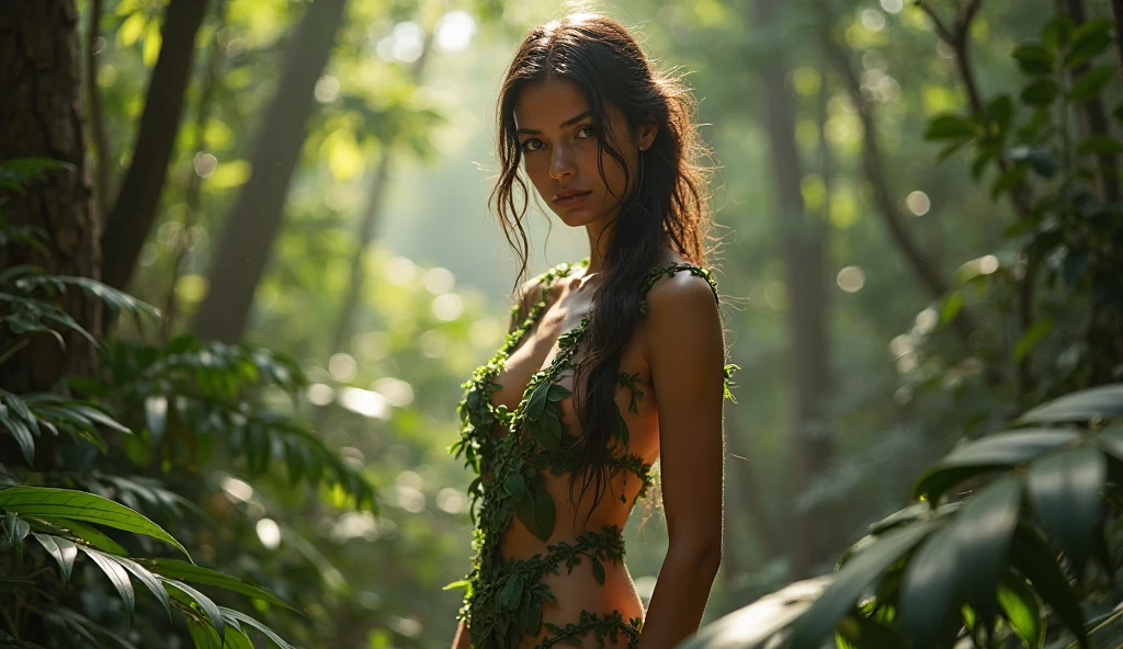 a mermaid woman with a fish tail, appearing in the amazon river at dawn, detailed facial features, beautiful long hair, glowing skin, dramatic lighting, lush jungle background, underwater scene, serene and mystical atmosphere, hyper detailed, 8k, photorealistic, masterpiece