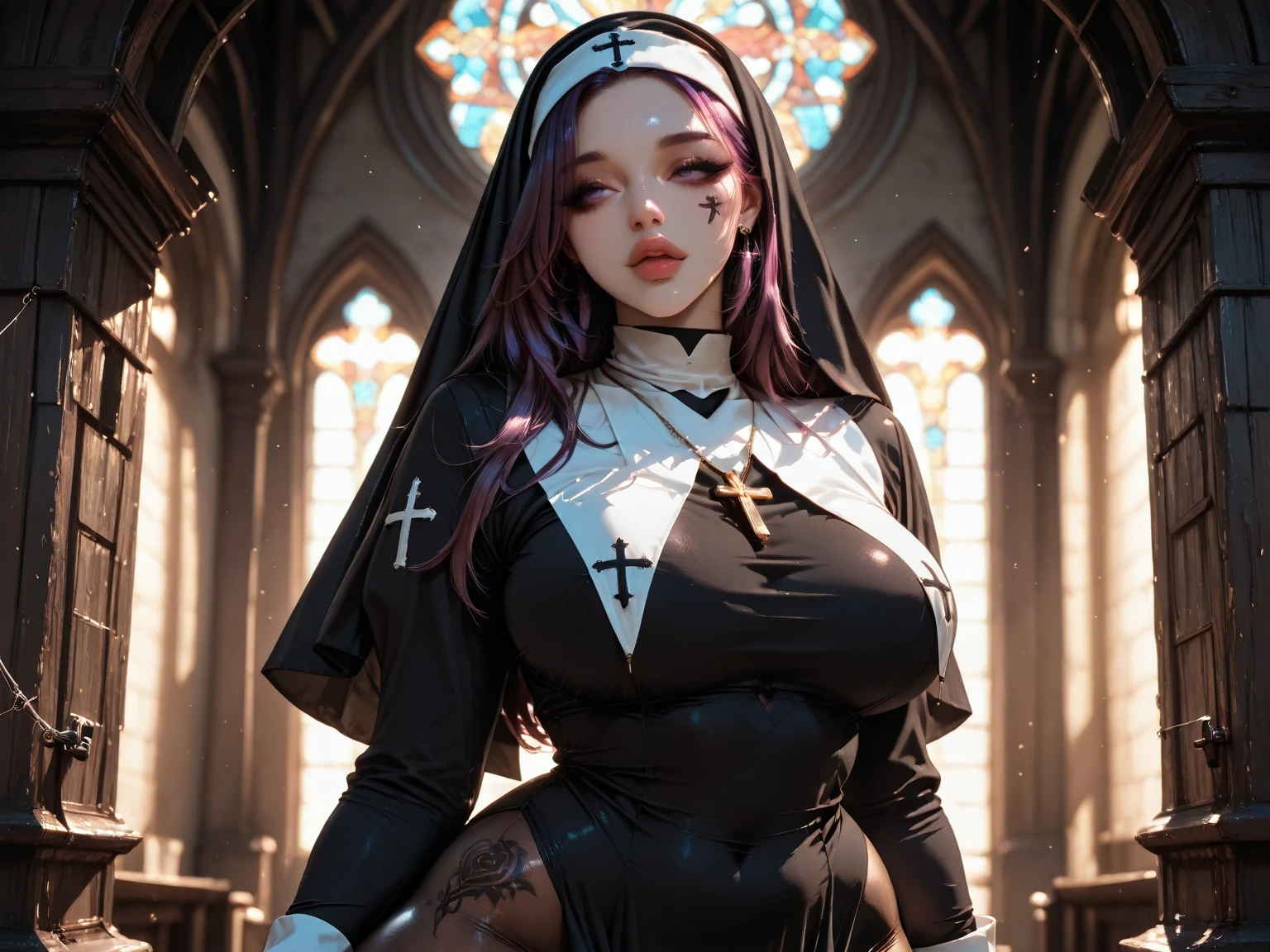 7'5" tall female in a purple nun outfit, with 2 Pink crosses on the sides of her nun veil. Her skin has 3 colors: Purple, White, and Pink.she a hourglass body with long tea rose pink hair,solid white eyes,fluffy eyelashes,with  and massive thighs,she is a demon in disguise.
