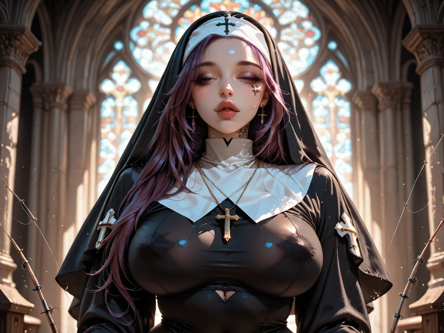 Best quality, Masterpiece, Portrait, Perfect anatomy, Femininity, Cool, Flawless, , Solo, Sexy, Stylish, Mature, Long light pink hair, Mole above lip, Red lipstick, big grul, nun look, in church, sexy breast piercing
